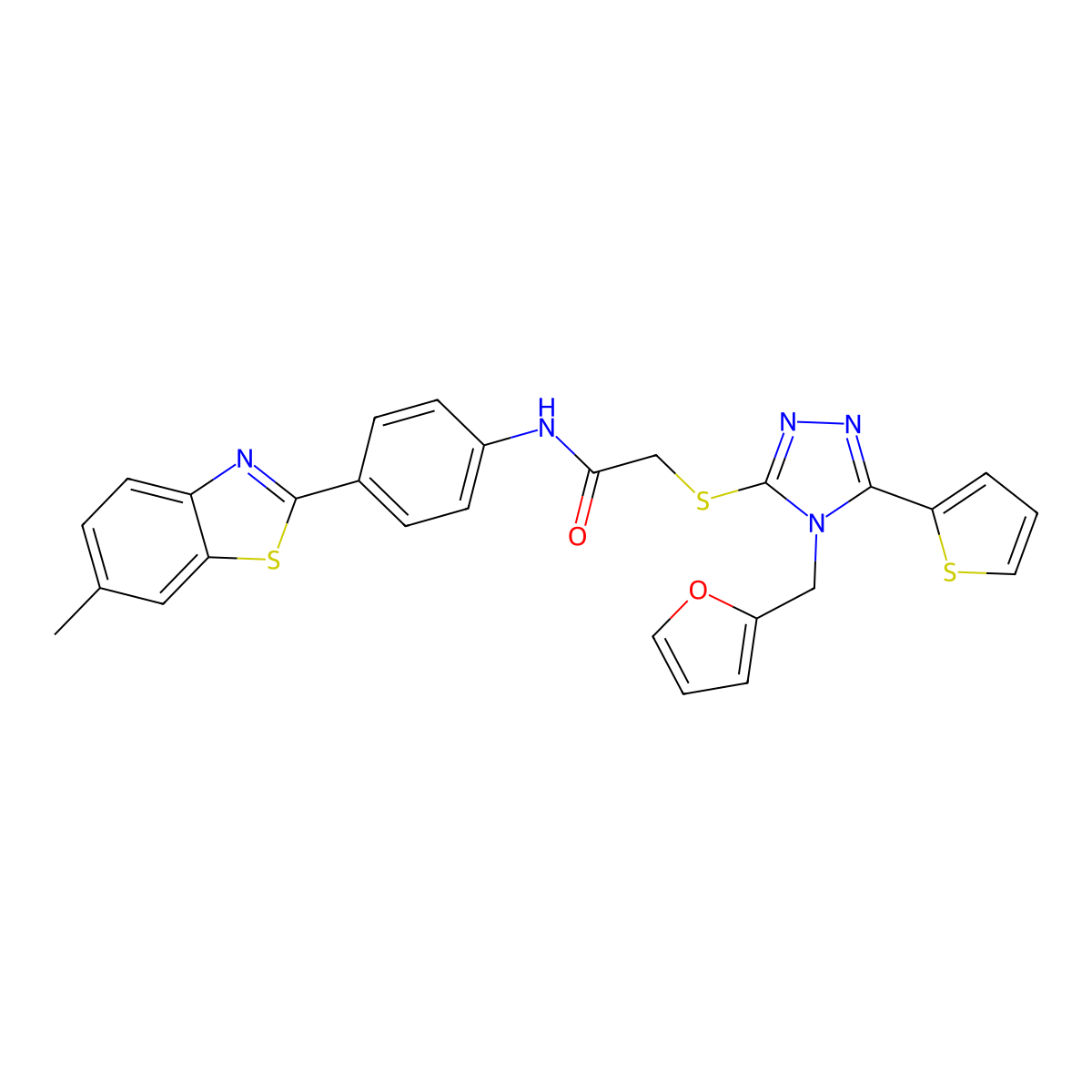 2-{[4-(furan-2-ylmethyl)-5-(thiophen-2-yl)-4H-1,2,4-triazol-3-yl]sulfanyl}-N-[4-(6-methyl-1,3-benzothiazol-2-yl)phenyl]acetamide molecular structure, CAS 585553-79-3