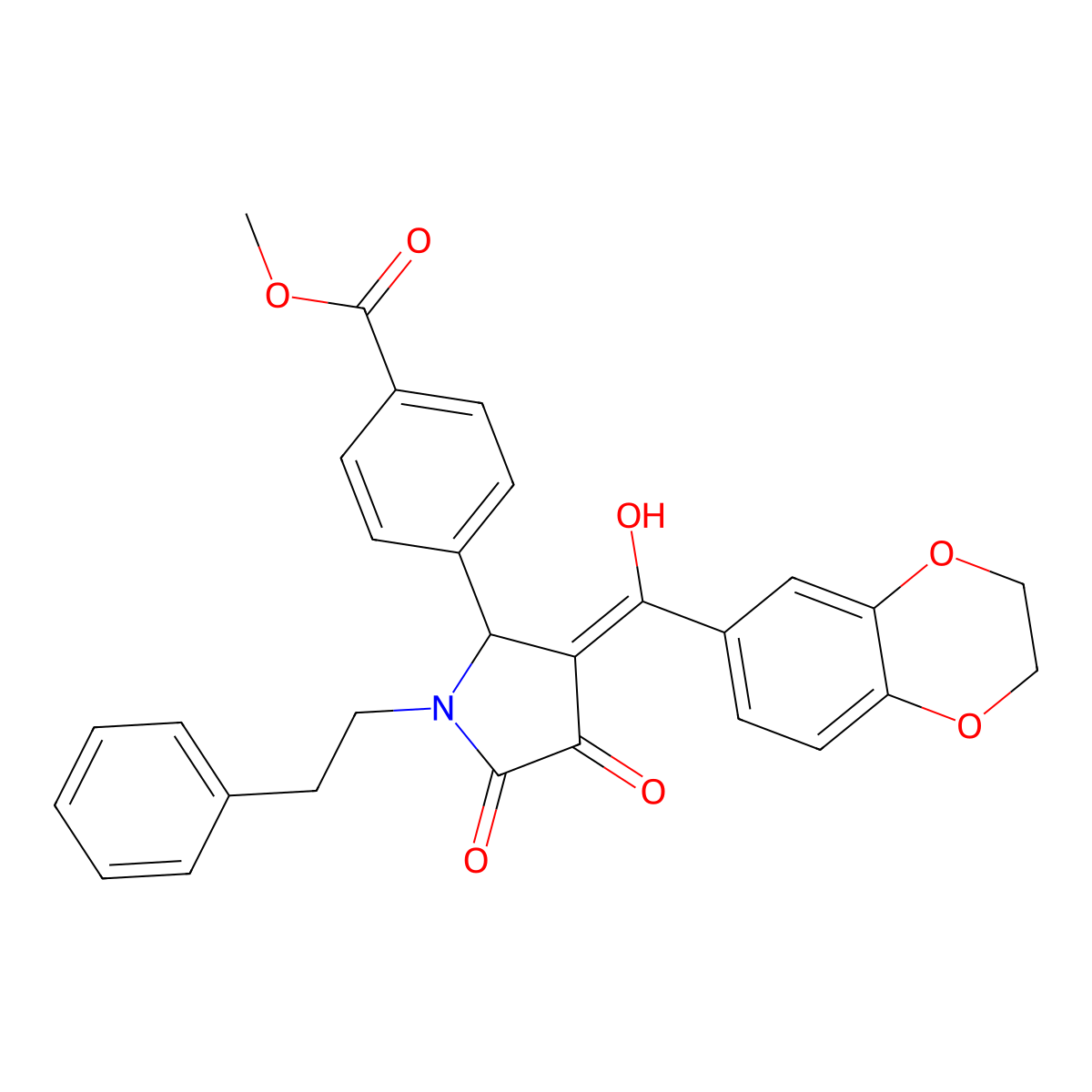 methyl 4-[3-(2,3-dihydro-1,4-benzodioxine-6-carbonyl)-4-hydroxy-5-oxo-1-(2-phenylethyl)-2,5-dihydro-1H-pyrrol-2-yl]benzoate molecular structure, CAS 585553-80-6