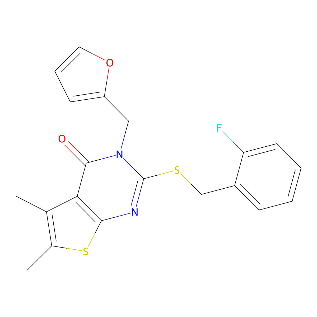 2-[(2-fluorobenzyl)sulfanyl]-3-(furan-2-ylmethyl)-5,6-dimethylthieno[2,3-d]pyrimidin-4(3H)-one molecular structure, CAS 585553-84-0