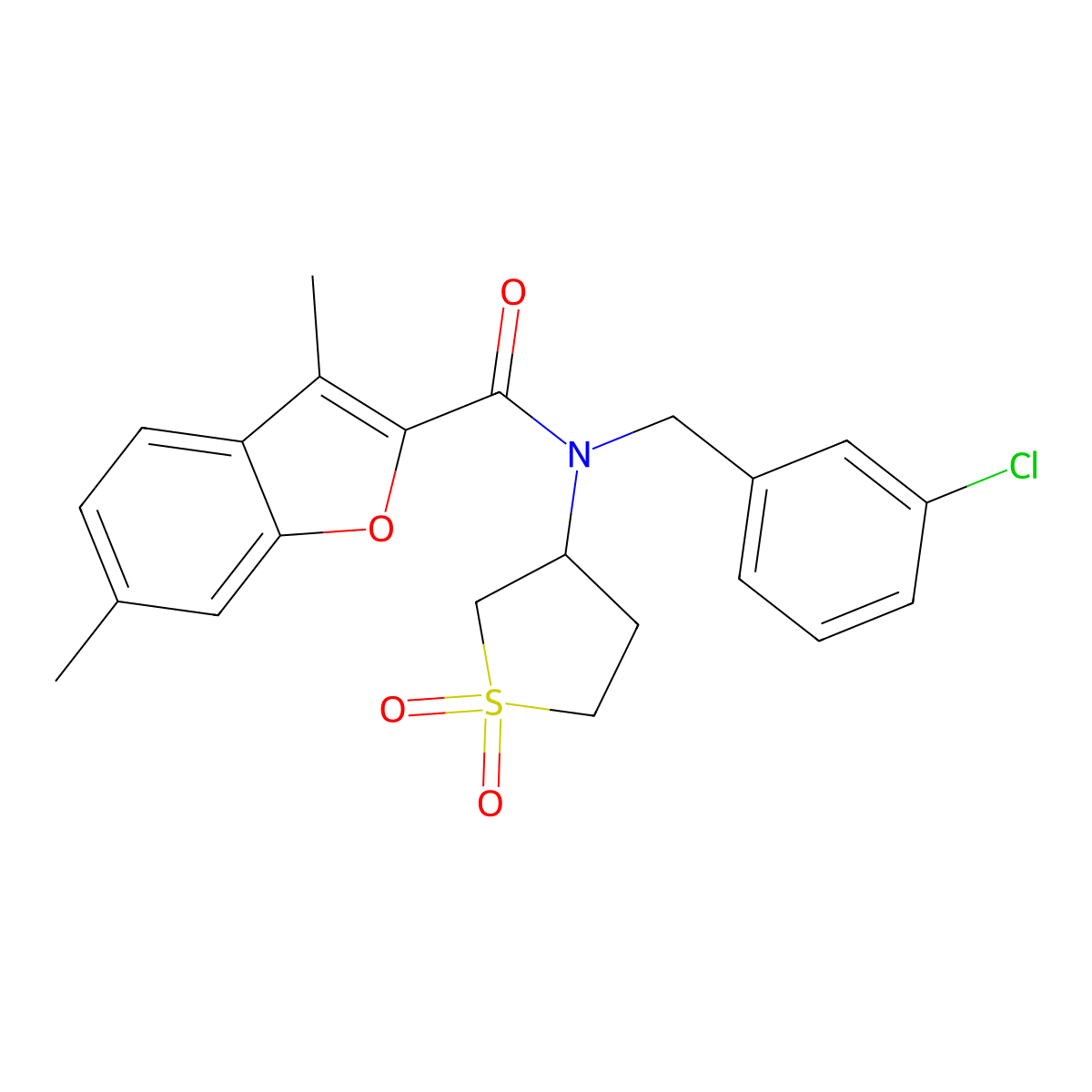 N-(3-chlorobenzyl)-N-(1,1-dioxidotetrahydrothiophen-3-yl)-3,6-dimethyl-1-benzofuran-2-carboxamide molecular structure, CAS 585554-00-3