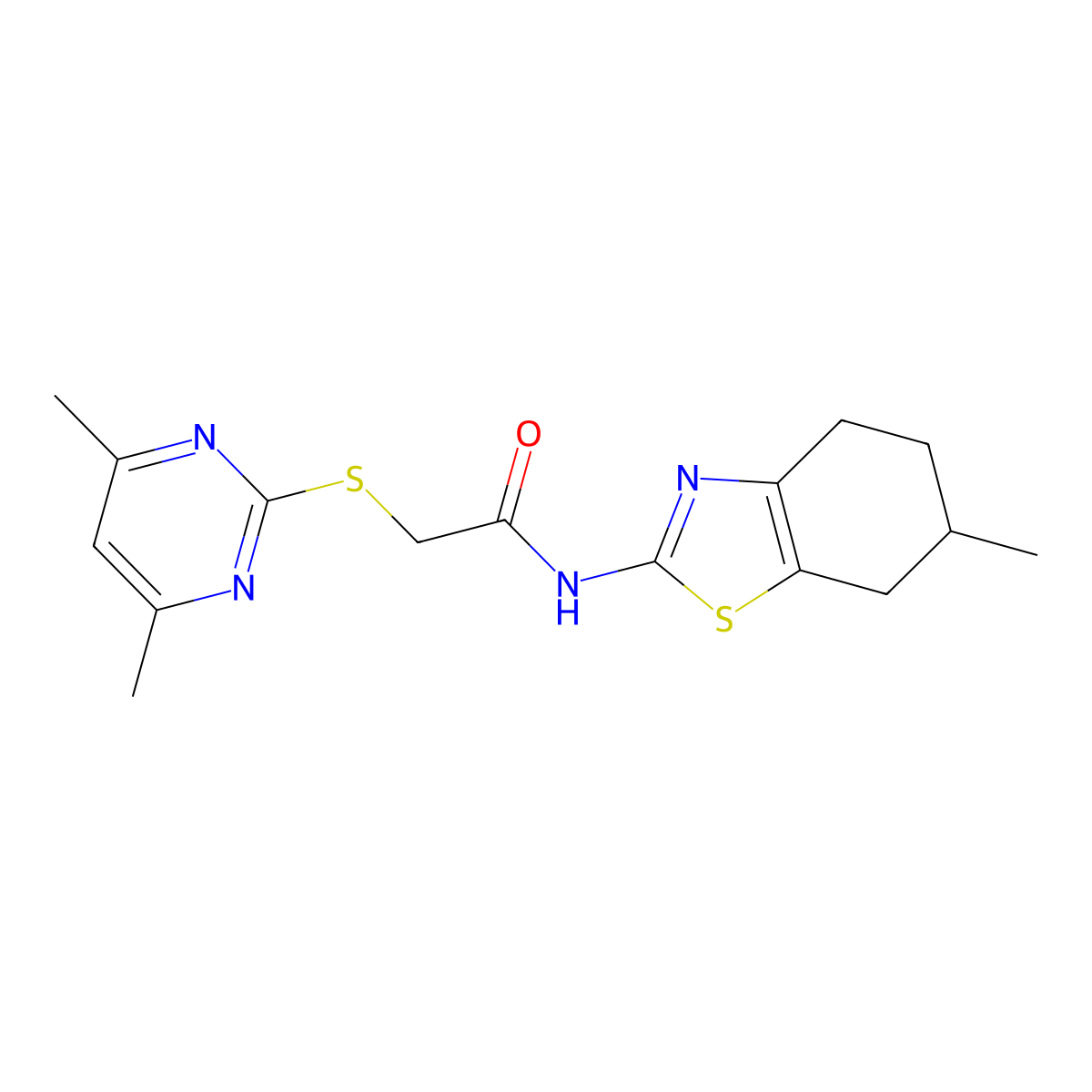 2-[(4,6-dimethyl-2-pyrimidinyl)sulfanyl]-N-(6-methyl-4,5,6,7-tetrahydro-1,3-benzothiazol-2-yl)acetamide molecular structure, CAS 585554-57-0