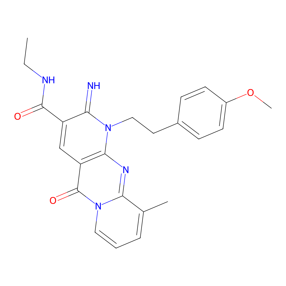 N-ethyl-6-imino-7-[2-(4-methoxyphenyl)ethyl]-11-methyl-2-oxo-1,7,9-triazatricyclo[8.4.0.0^{3,8}]tetradeca-3(8),4,9,11,13-pentaene-5-carboxamide molecular structure, CAS 585554-83-2
