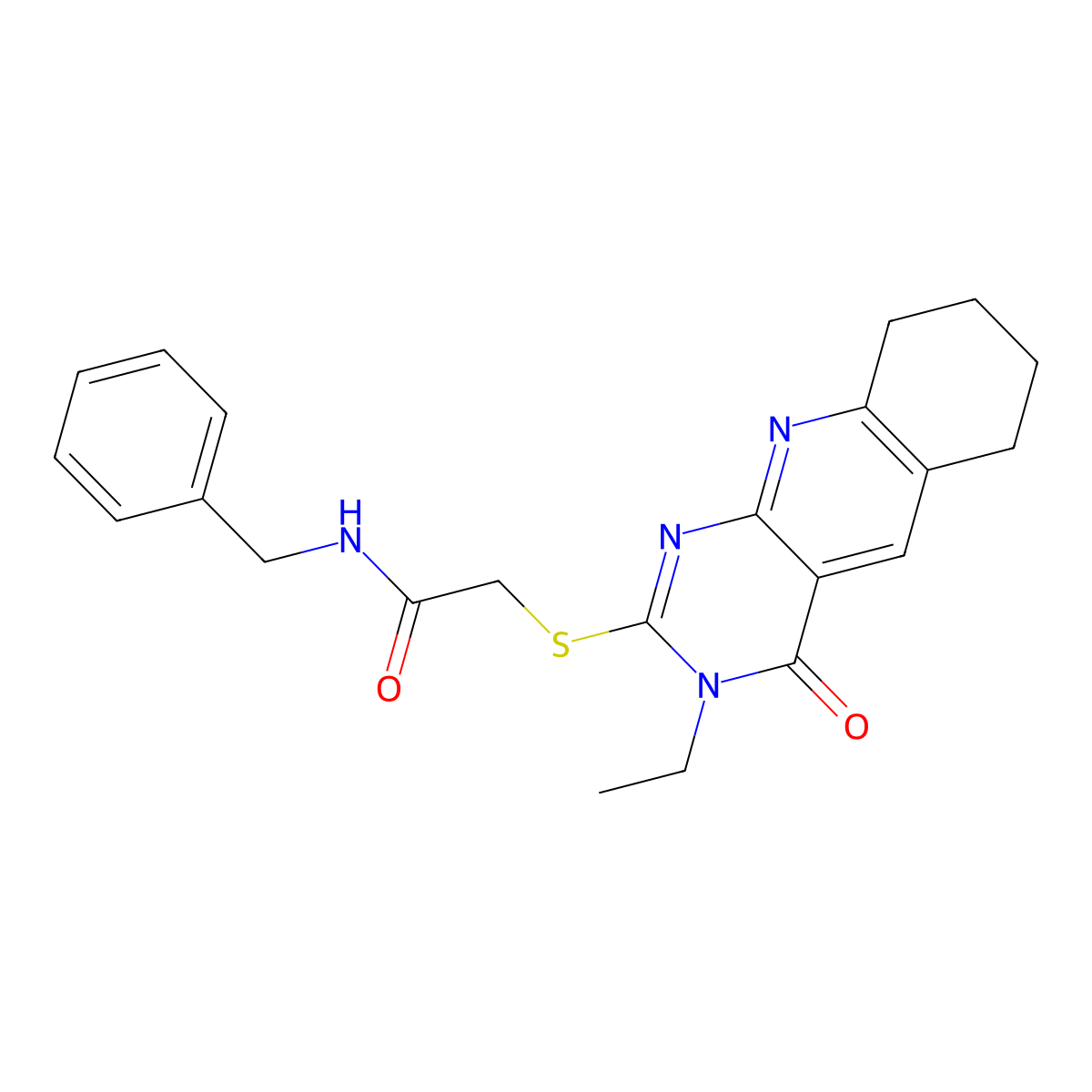 N-benzyl-2-[(3-ethyl-4-oxo-6,7,8,9-tetrahydropyrimido[4,5-b]quinolin-2-yl)sulfanyl]acetamide molecular structure, CAS 585554-87-6