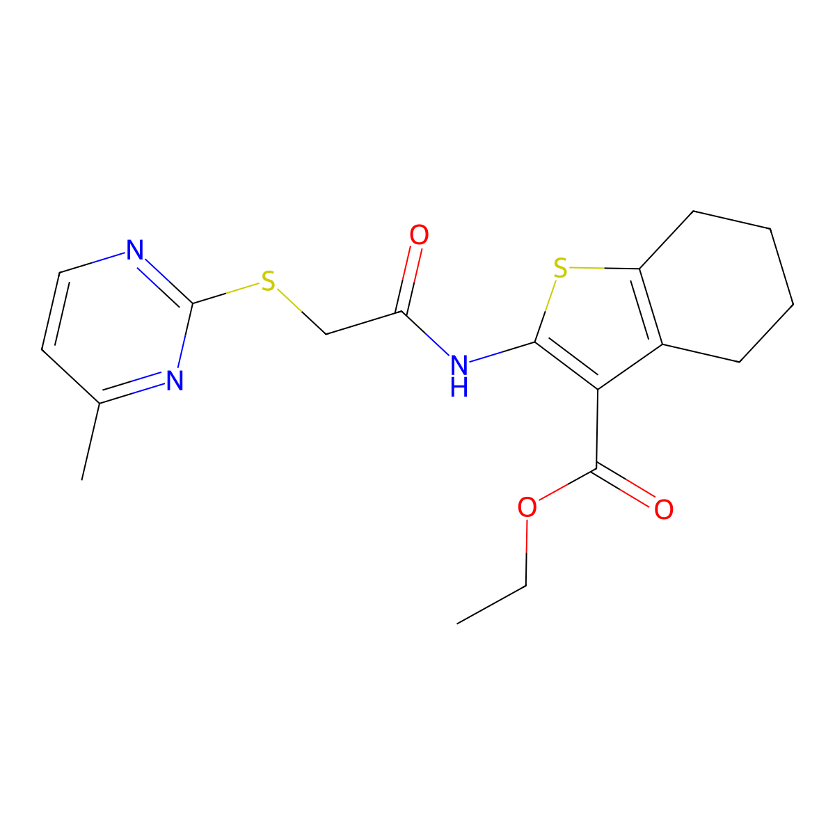 Ethyl 2-[[2-(4-methylpyrimidin-2-yl)sulfanylacetyl]amino]-4,5,6,7-tetrahydro-1-benzothiophene-3-carboxylate molecular structure, CAS 585555-13-1