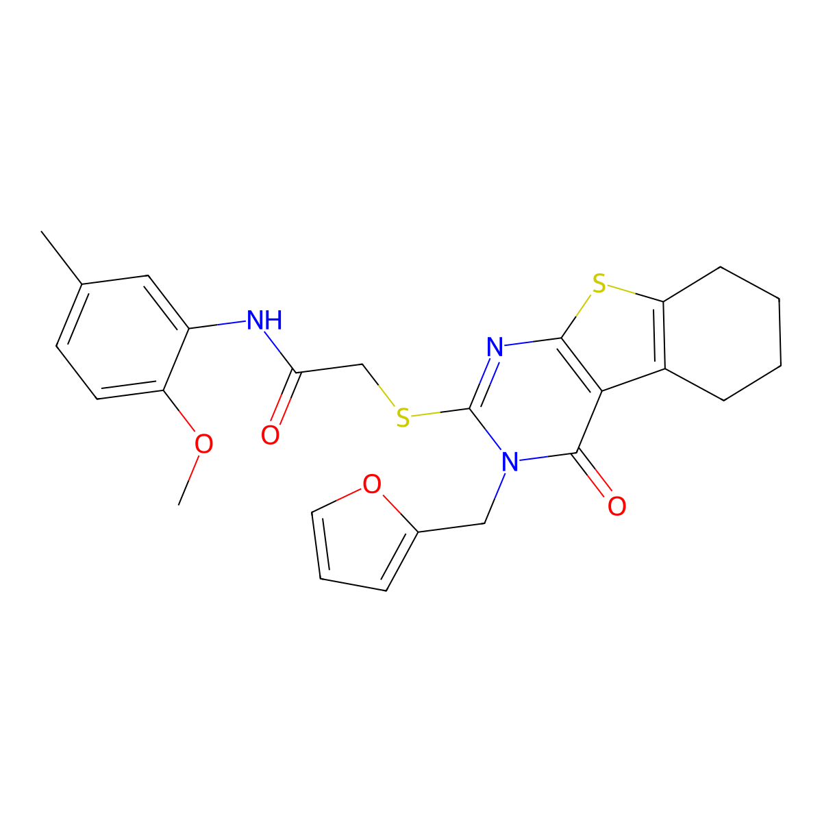 2-[3-(2-furylmethyl)-4-oxo(3,5,6,7,8-pentahydrobenzo[b]thiopheno[2,3-d]pyrimid in-2-ylthio)]-N-(2-methoxy-5-methylphenyl)acetamide molecular structure, CAS 585555-45-9