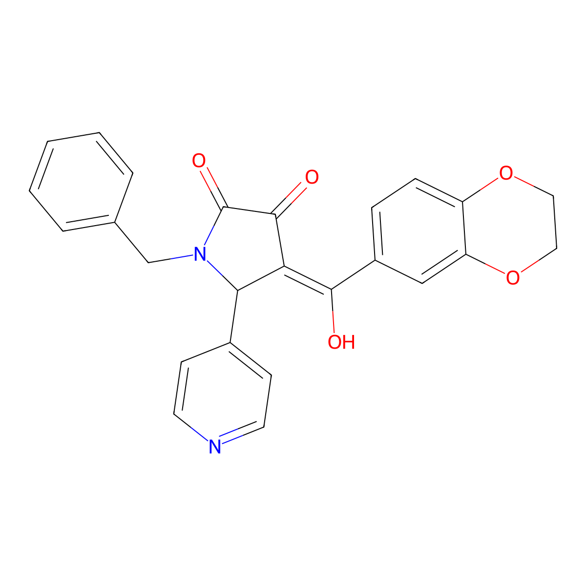 1-benzyl-4-(2,3-dihydro-1,4-benzodioxine-6-carbonyl)-3-hydroxy-5-(pyridin-4-yl)-2,5-dihydro-1H-pyrrol-2-one molecular structure, CAS 585555-93-7
