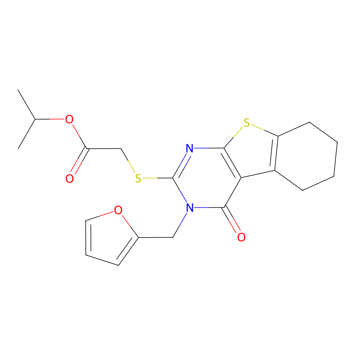 Propan-2-yl {[3-(furan-2-ylmethyl)-4-oxo-3,4,5,6,7,8-hexahydro[1]benzothieno[2,3-d]pyrimidin-2-yl]sulfanyl}acetate molecular structure, CAS 585556-02-1