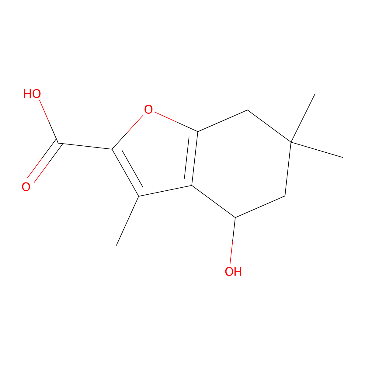 4-Hydroxy-3,6,6-trimethyl-4,5,6,7-tetrahydro-benzofuran-2-carboxylic acid molecular structure, CAS 585556-40-7