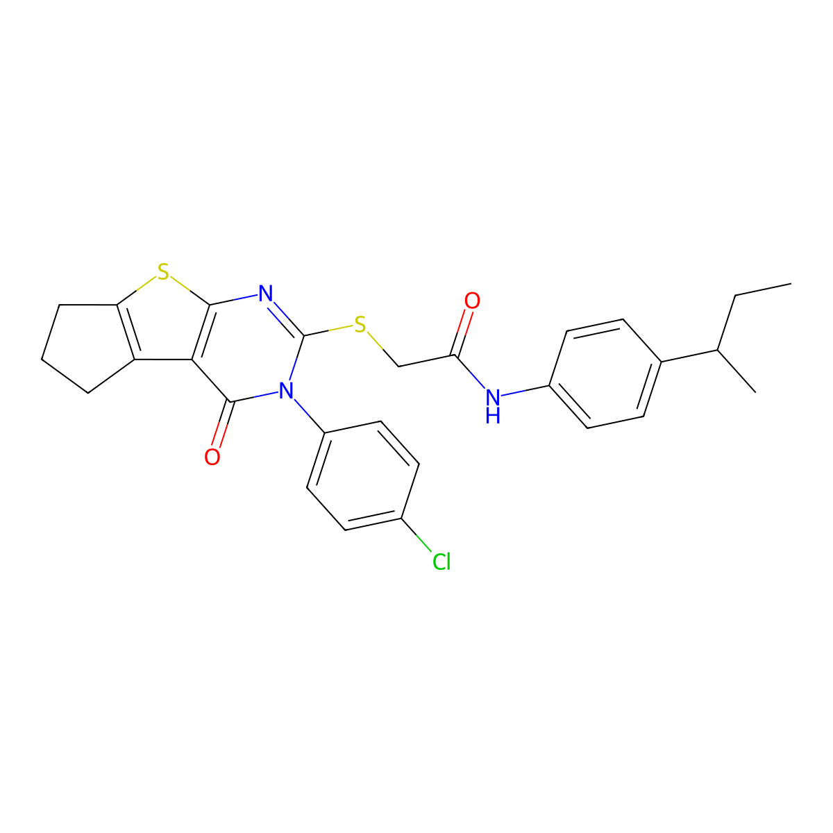 N-(4-Sec-butylphenyl)-2-{[3-(4-chlorophenyl)-4-oxo-3,5,6,7-tetrahydro-4H-cyclopenta[4,5]thieno[2,3-D]pyrimidin-2-YL]sulfanyl}acetamide molecular structure, CAS 585557-26-2
