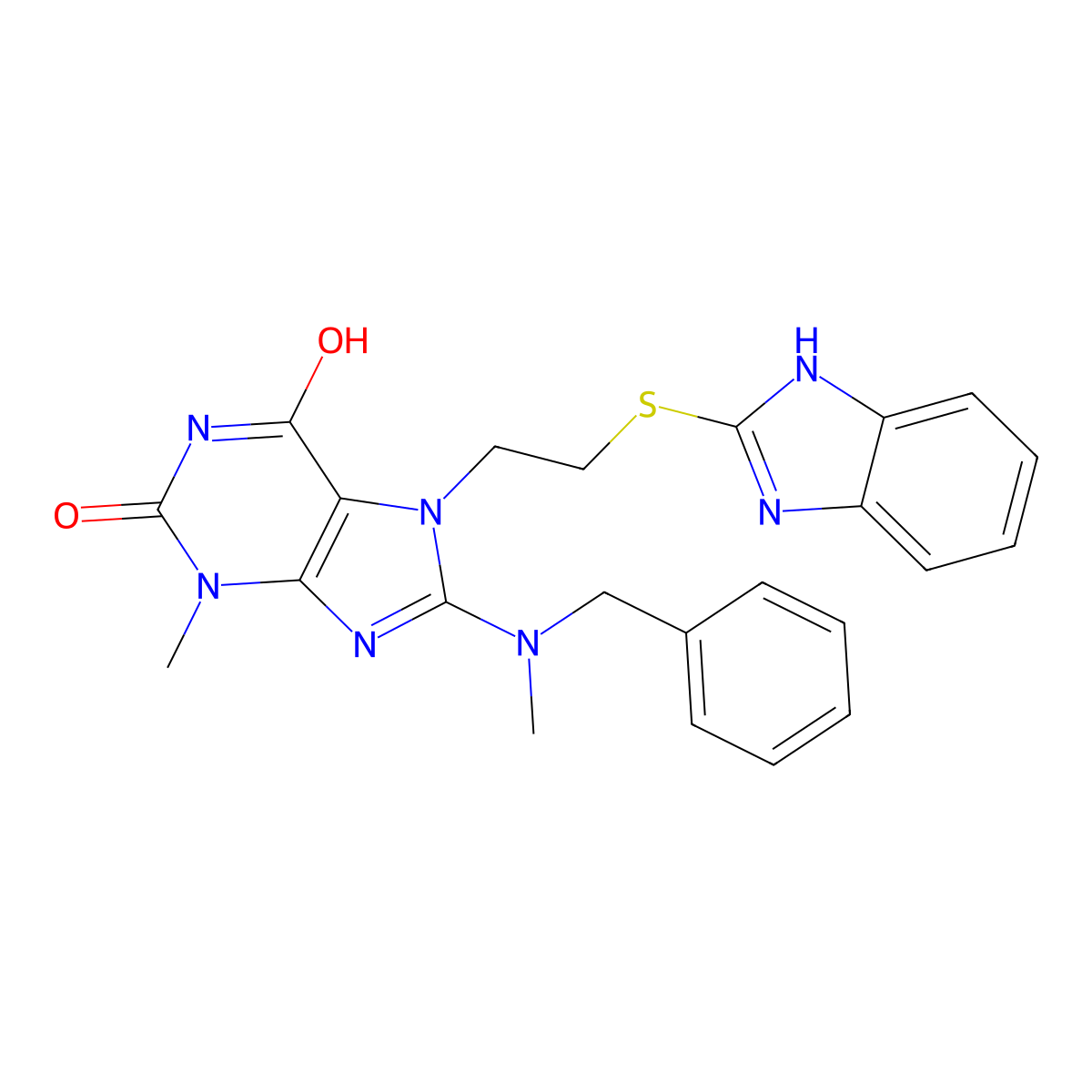 7-(2-((1H-benzo[d]imidazol-2-yl)thio)ethyl)-8-(benzyl(methyl)amino)-3-methyl-1H-purine-2,6(3H,7H)-dione molecular structure, CAS 585557-81-9