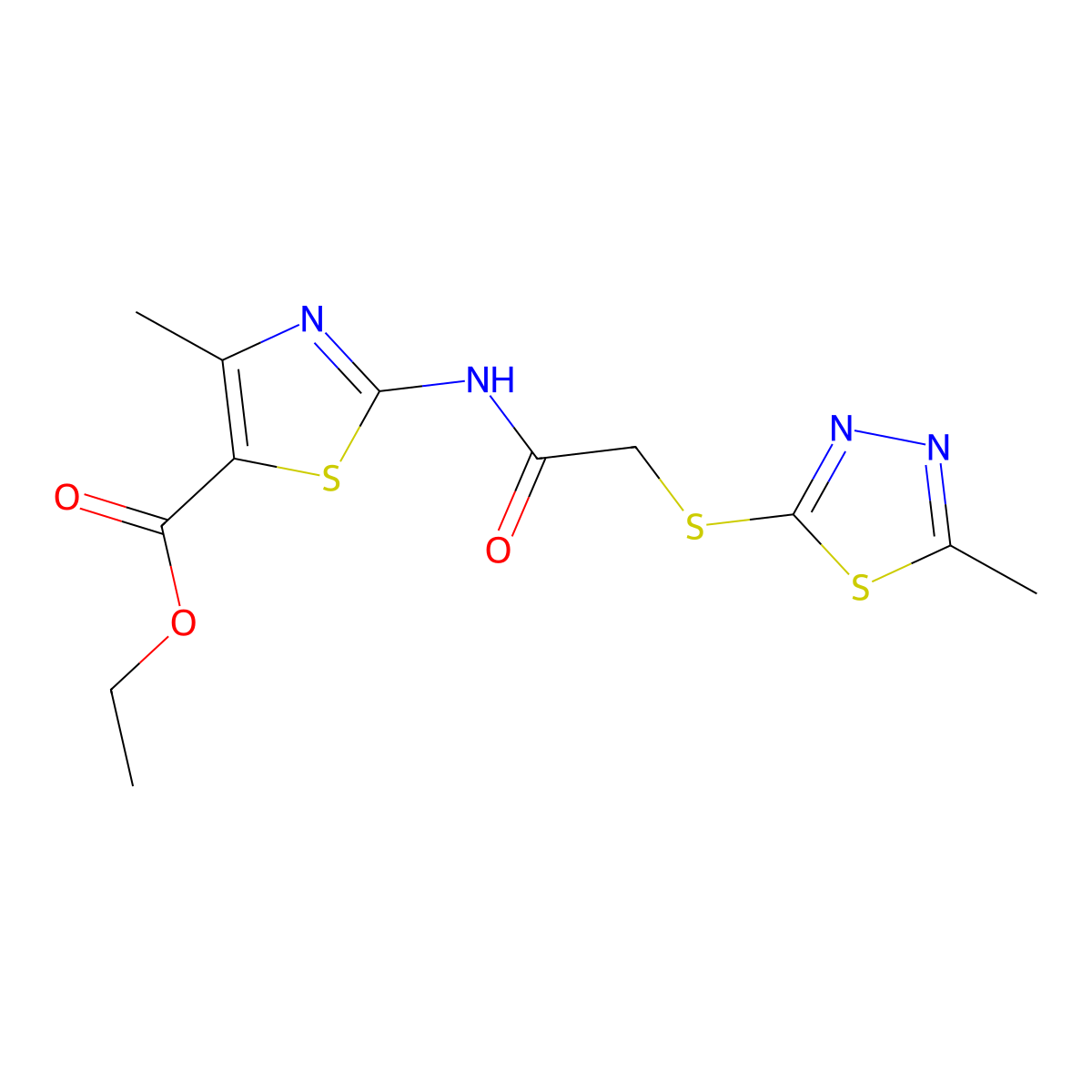 Ethyl 4-methyl-2-({[(5-methyl-1,3,4-thiadiazol-2-yl)sulfanyl]acetyl}amino)-1,3-thiazole-5-carboxylate molecular structure, CAS 585558-02-7