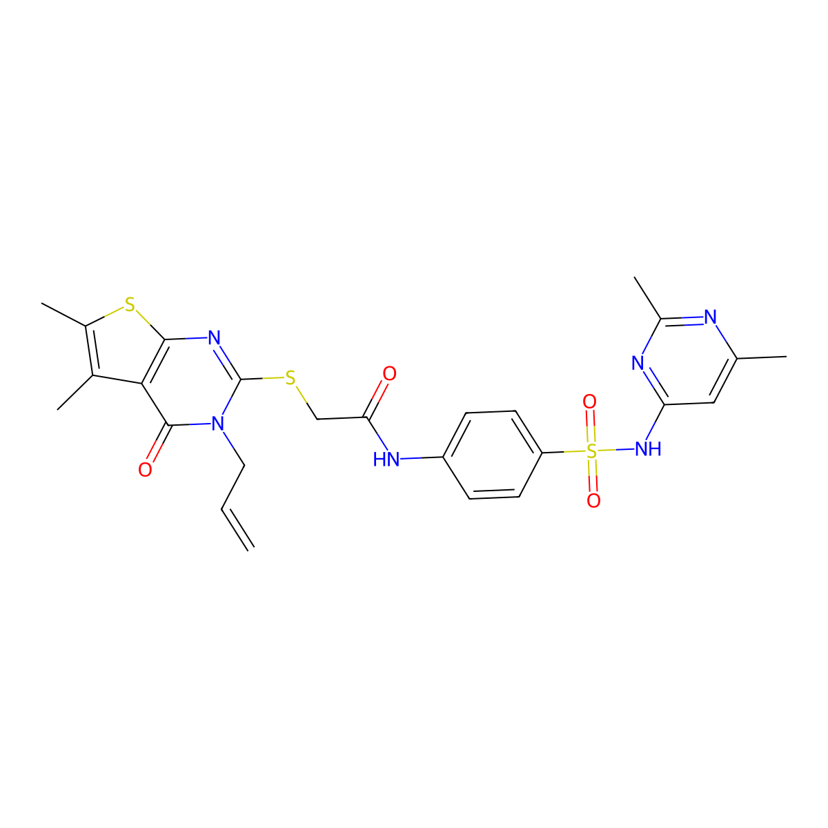 2-(5,6-dimethyl-4-oxo-3-prop-2-enylthieno[2,3-d]pyrimidin-2-yl)sulfanyl-N-[4-[(2,6-dimethylpyrimidin-4-yl)sulfamoyl]phenyl]acetamide molecular structure, CAS 585558-21-0