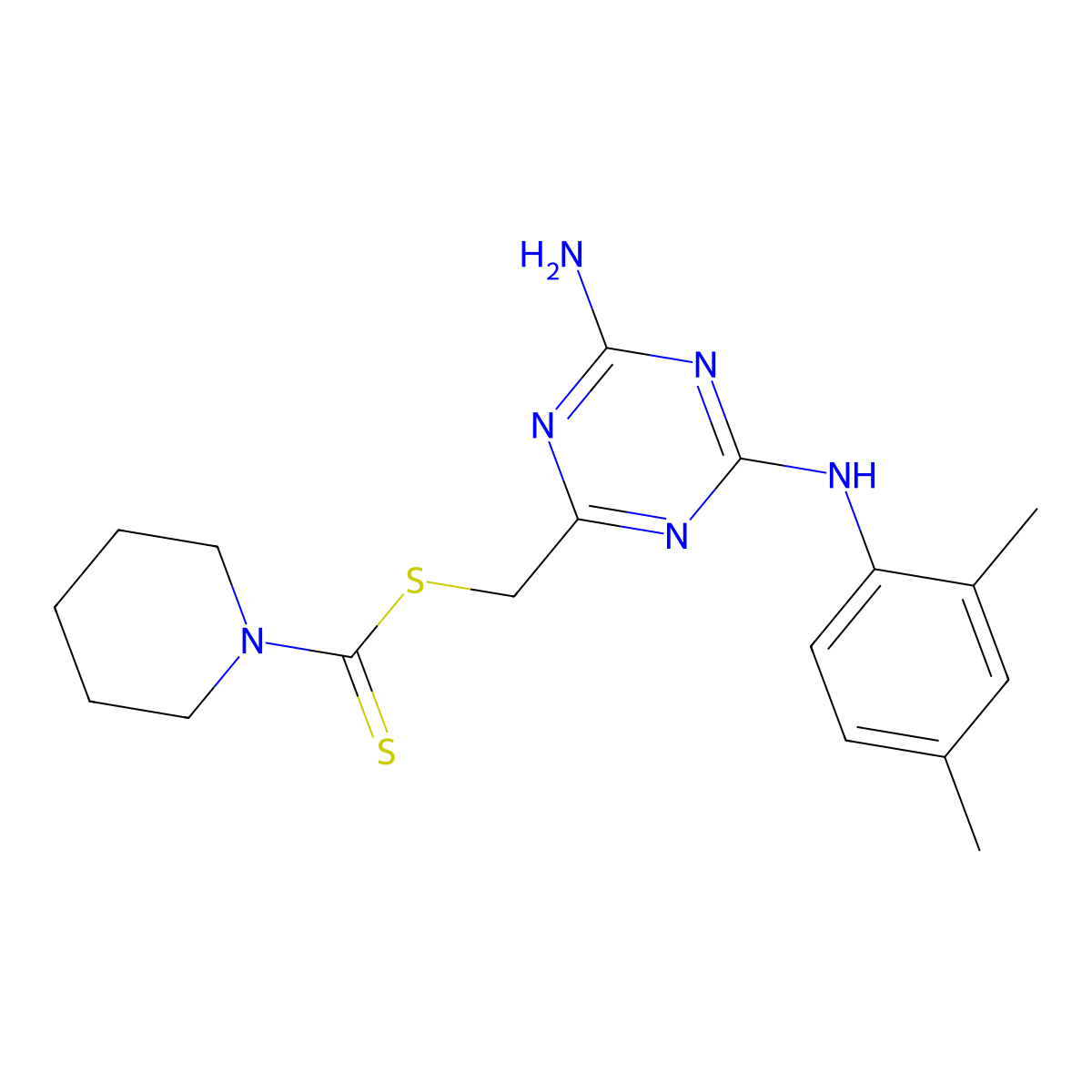 {4-Amino-6-[(2,4-dimethylphenyl)amino]-1,3,5-triazin-2-yl}methyl piperidine-1-carbodithioate molecular structure, CAS 585558-69-6