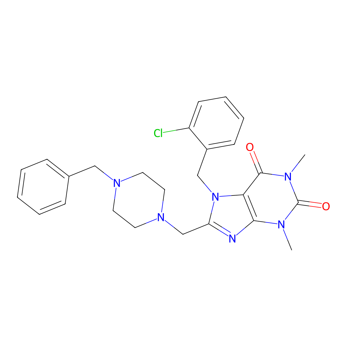 8-[(4-Benzylpiperazin-1-yl)methyl]-7-[(2-chlorophenyl)methyl]-1,3-dimethylpurine-2,6-dione molecular structure, CAS 585558-76-5