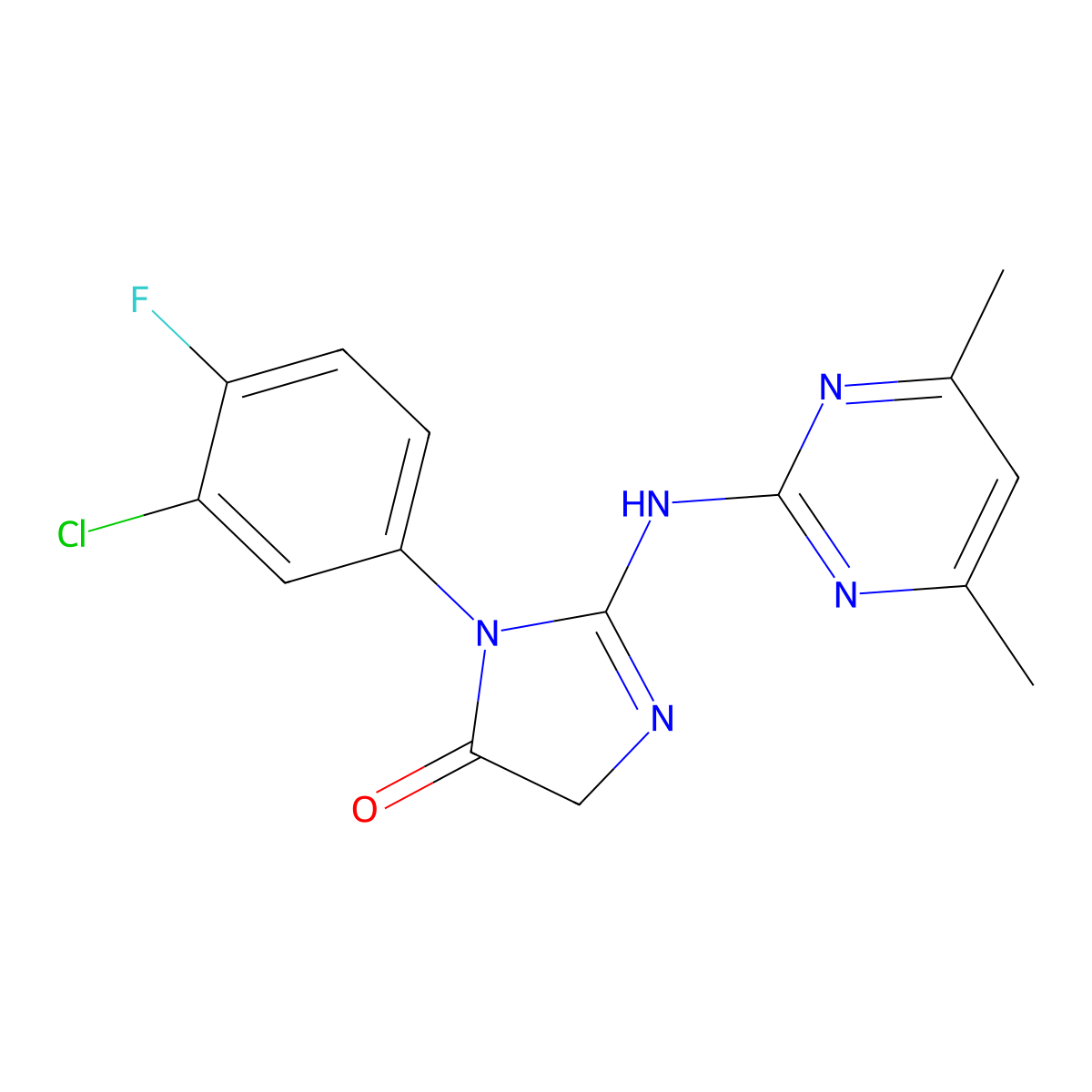 1-(3-chloro-4-fluorophenyl)-2-[(4,6-dimethylpyrimidin-2-yl)amino]-4H-imidazol-5-one molecular structure, CAS 585558-86-7