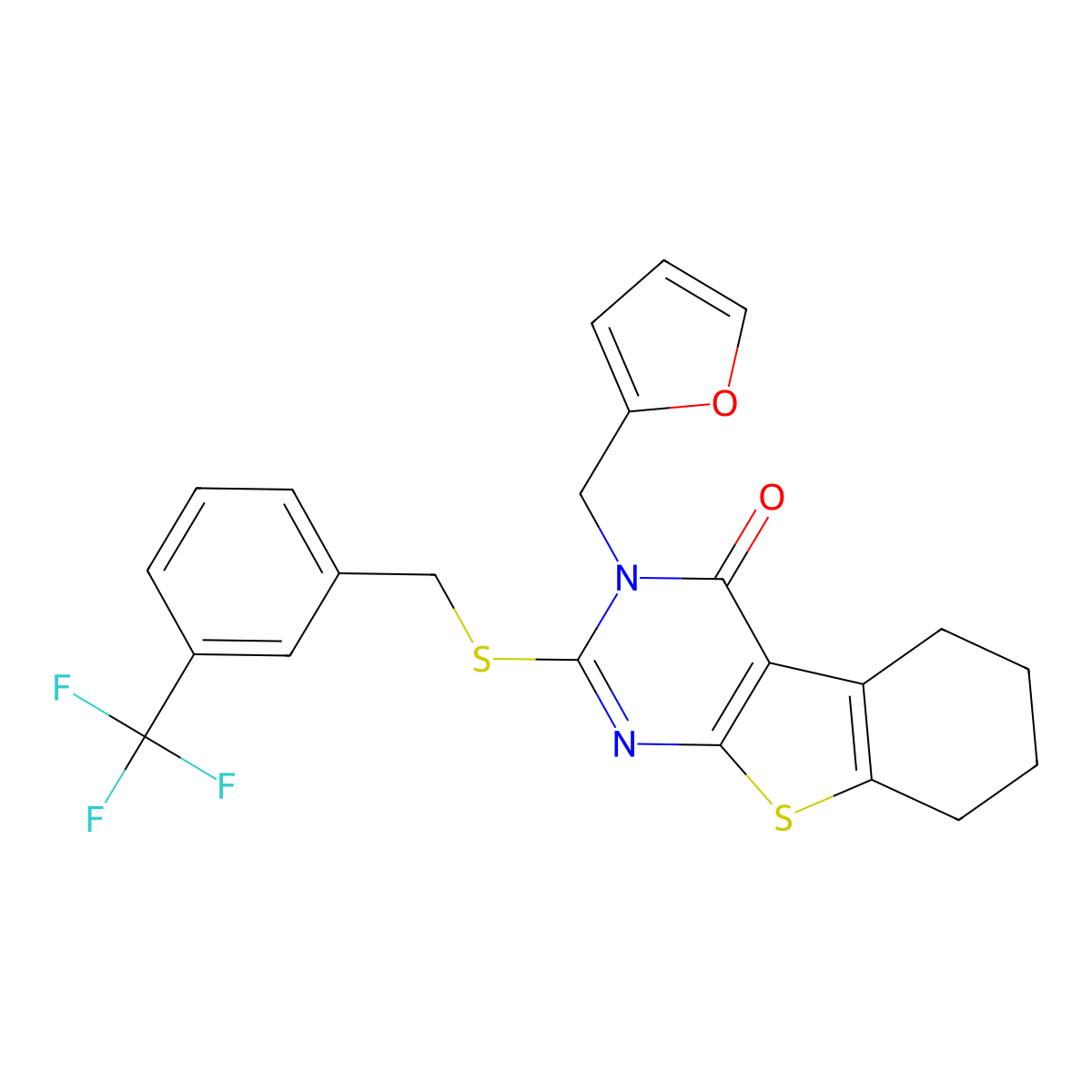 3-(furan-2-ylmethyl)-2-{[3-(trifluoromethyl)benzyl]sulfanyl}-5,6,7,8-tetrahydro[1]benzothieno[2,3-d]pyrimidin-4(3H)-one molecular structure, CAS 585559-08-6