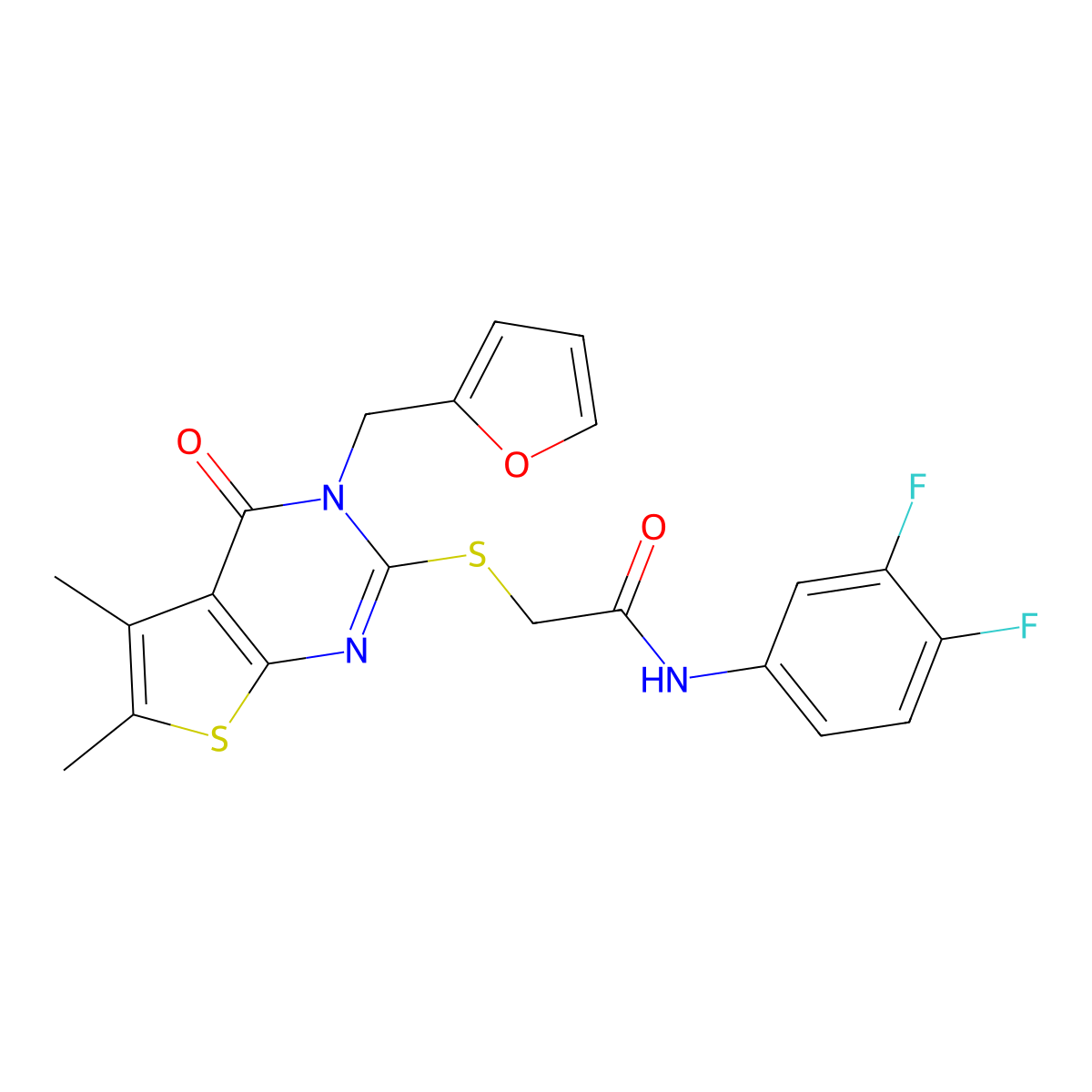 N-(3,4-difluorophenyl)-2-{[3-(furan-2-ylmethyl)-5,6-dimethyl-4-oxo-3,4-dihydrothieno[2,3-d]pyrimidin-2-yl]sulfanyl}acetamide molecular structure, CAS 585559-71-3