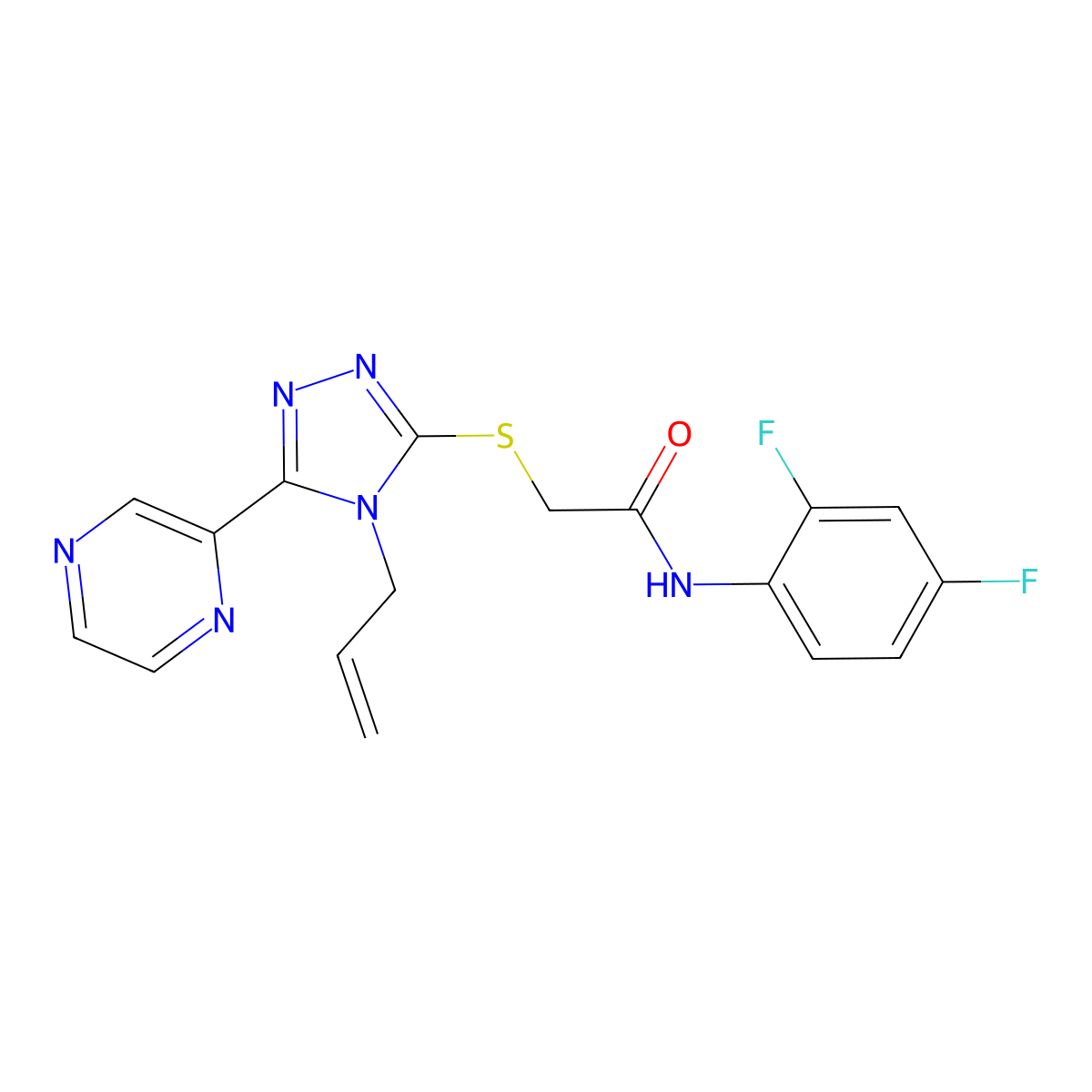 N-(2,4-difluorophenyl)-2-{[4-(prop-2-en-1-yl)-5-(pyrazin-2-yl)-4H-1,2,4-triazol-3-yl]sulfanyl}acetamide molecular structure, CAS 585560-40-3