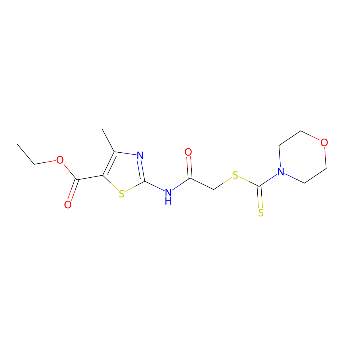 4-Methyl-2-[2-(morpholine-4-carbothioylsulfanyl)-acetylamino]-thiazole-5-carboxylic acid ethyl ester molecular structure, CAS 585560-47-0