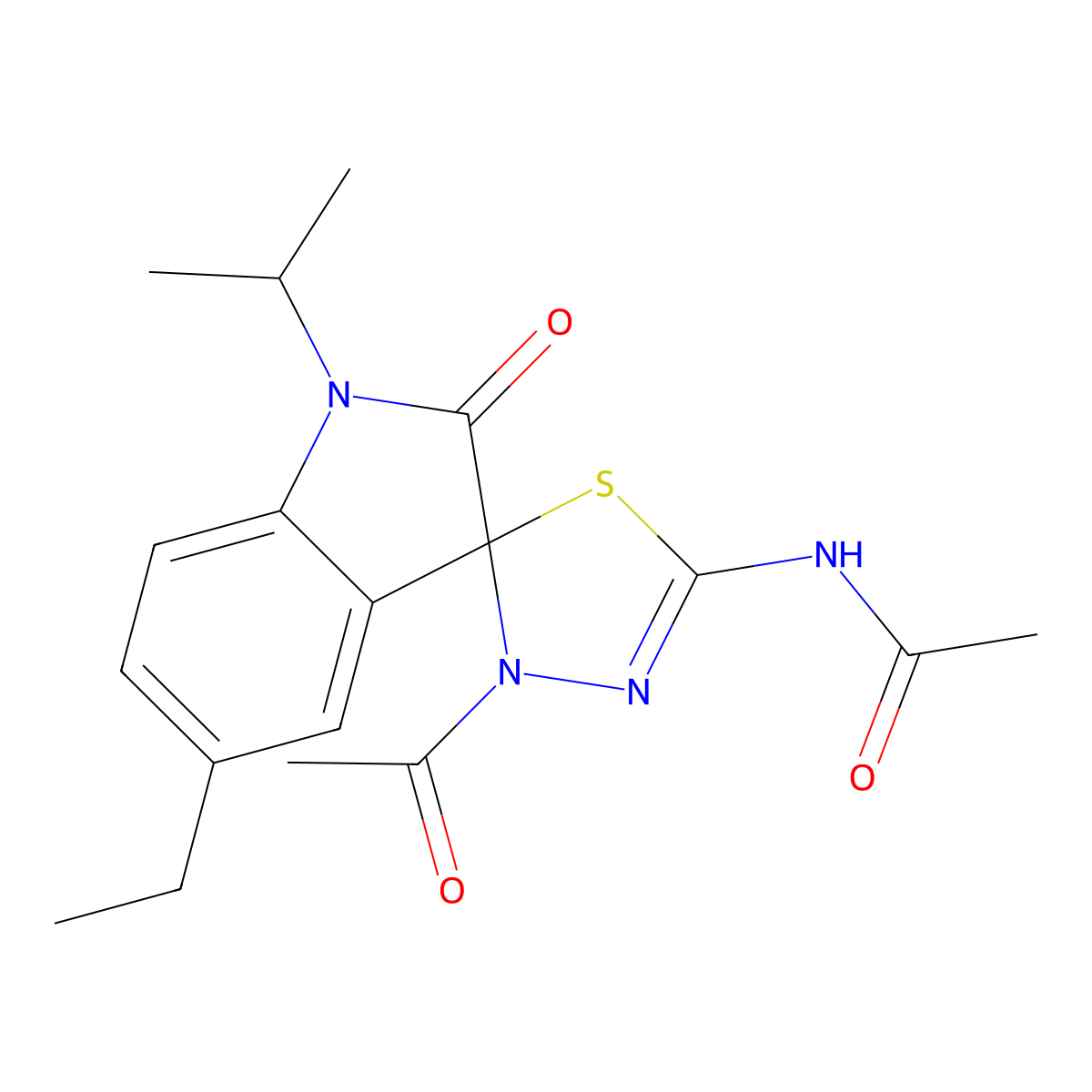 N-(4-acetyl-5'-ethyl-2'-oxo-1'-propan-2-ylspiro[1,3,4-thiadiazole-5,3'-indole]-2-yl)acetamide molecular structure, CAS 585560-52-7