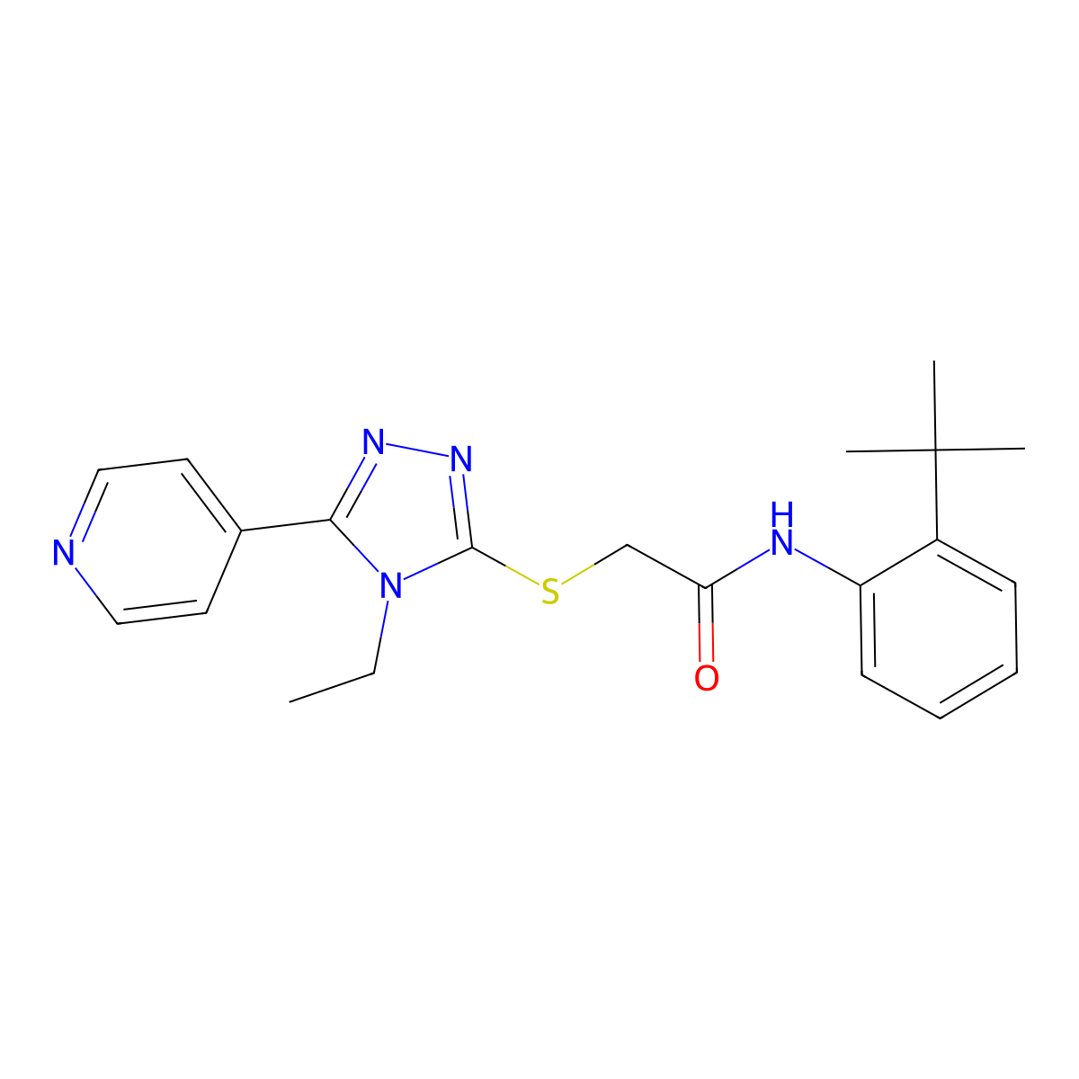 N-(2-Tert-butylphenyl)-2-((4-ethyl-5-(4-pyridinyl)-4H-1,2,4-triazol-3-YL)sulfanyl)acetamide molecular structure, CAS 585560-58-3