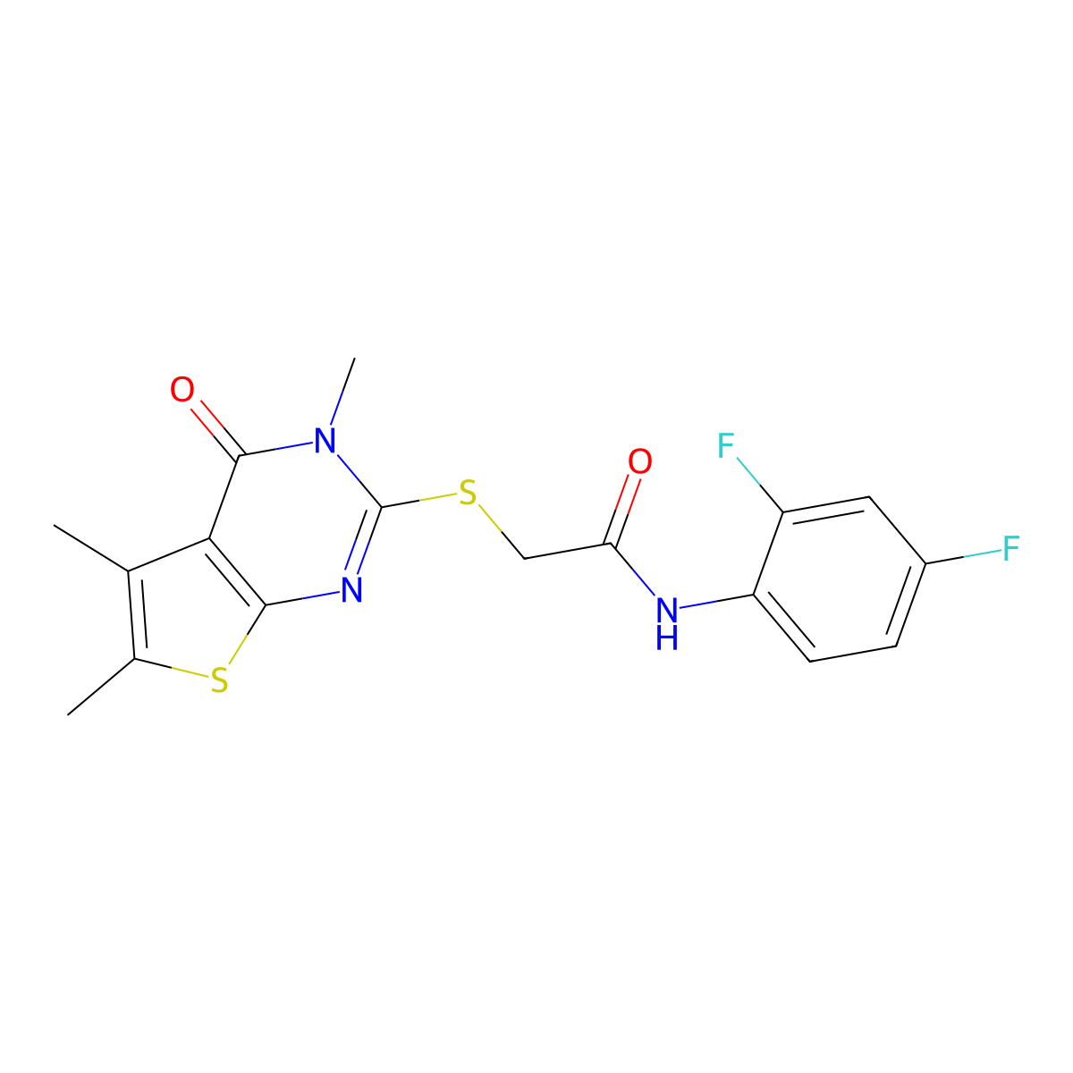 N-(2,4-difluorophenyl)-2-(3,5,6-trimethyl-4-oxo(3-hydrothiopheno[2,3-d]pyrimid in-2-ylthio))acetamide molecular structure, CAS 585561-41-7
