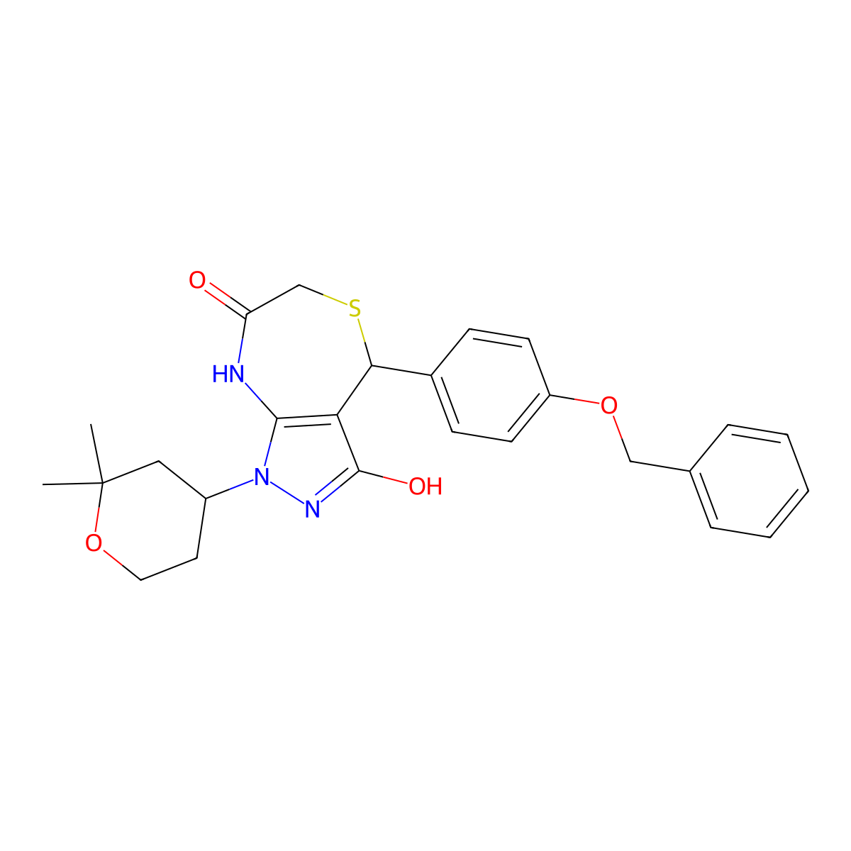 1-(2,2-dimethyloxan-4-yl)-4-(4-phenylmethoxyphenyl)-4,8-dihydro-2H-pyrazolo[3,4-e][1,4]thiazepine-3,7-dione molecular structure, CAS 585561-75-7
