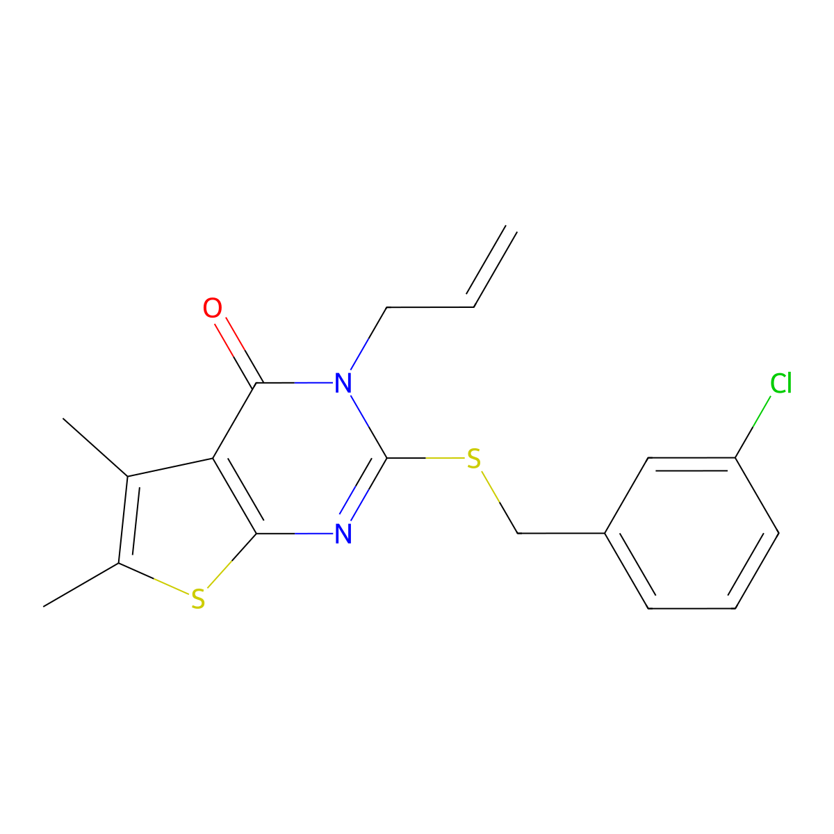 2-[(3-chlorobenzyl)sulfanyl]-5,6-dimethyl-3-(prop-2-en-1-yl)thieno[2,3-d]pyrimidin-4(3H)-one molecular structure, CAS 585561-83-7
