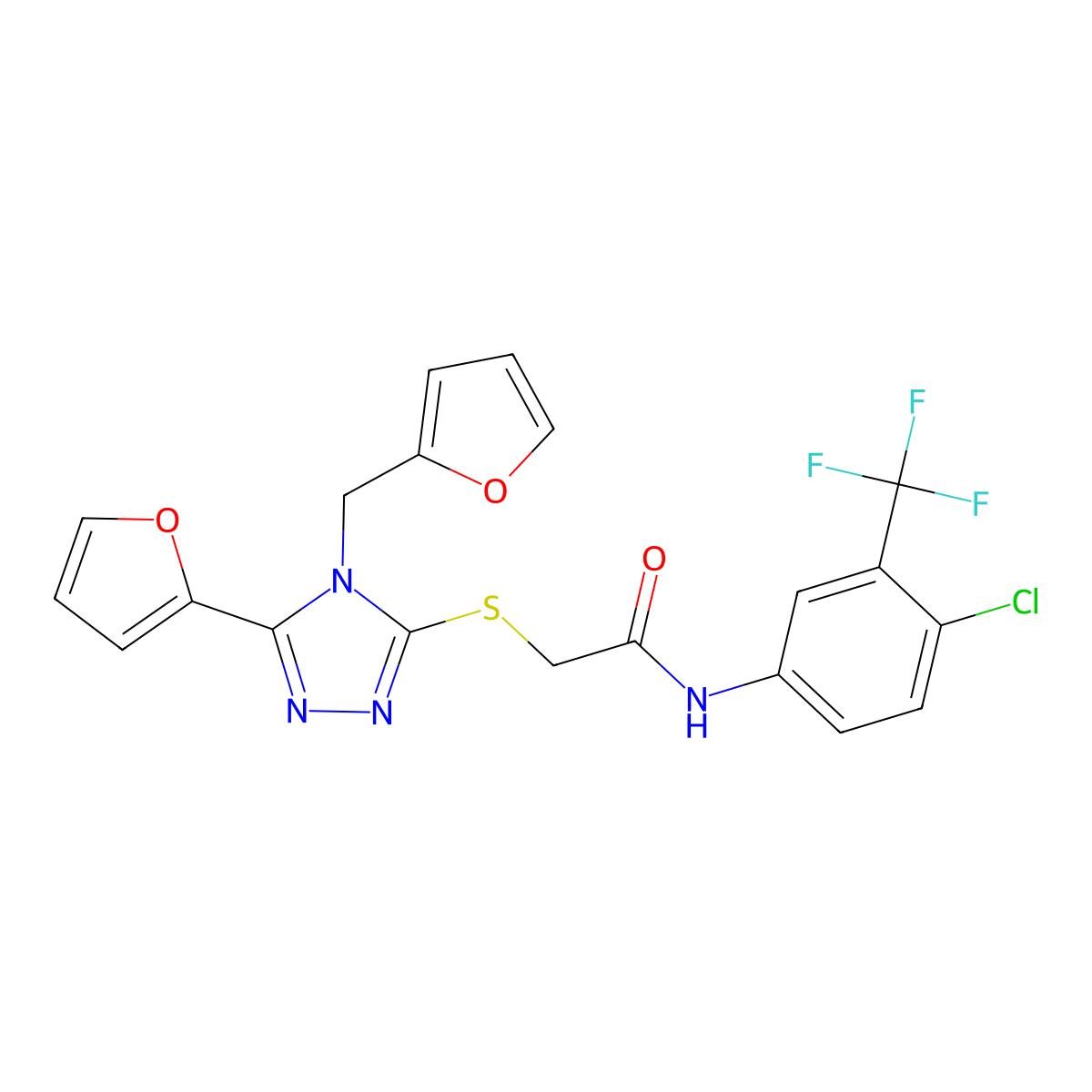 N-[4-chloro-3-(trifluoromethyl)phenyl]-2-{[5-(furan-2-yl)-4-(furan-2-ylmethyl)-4H-1,2,4-triazol-3-yl]sulfanyl}acetamide molecular structure, CAS 585562-16-9