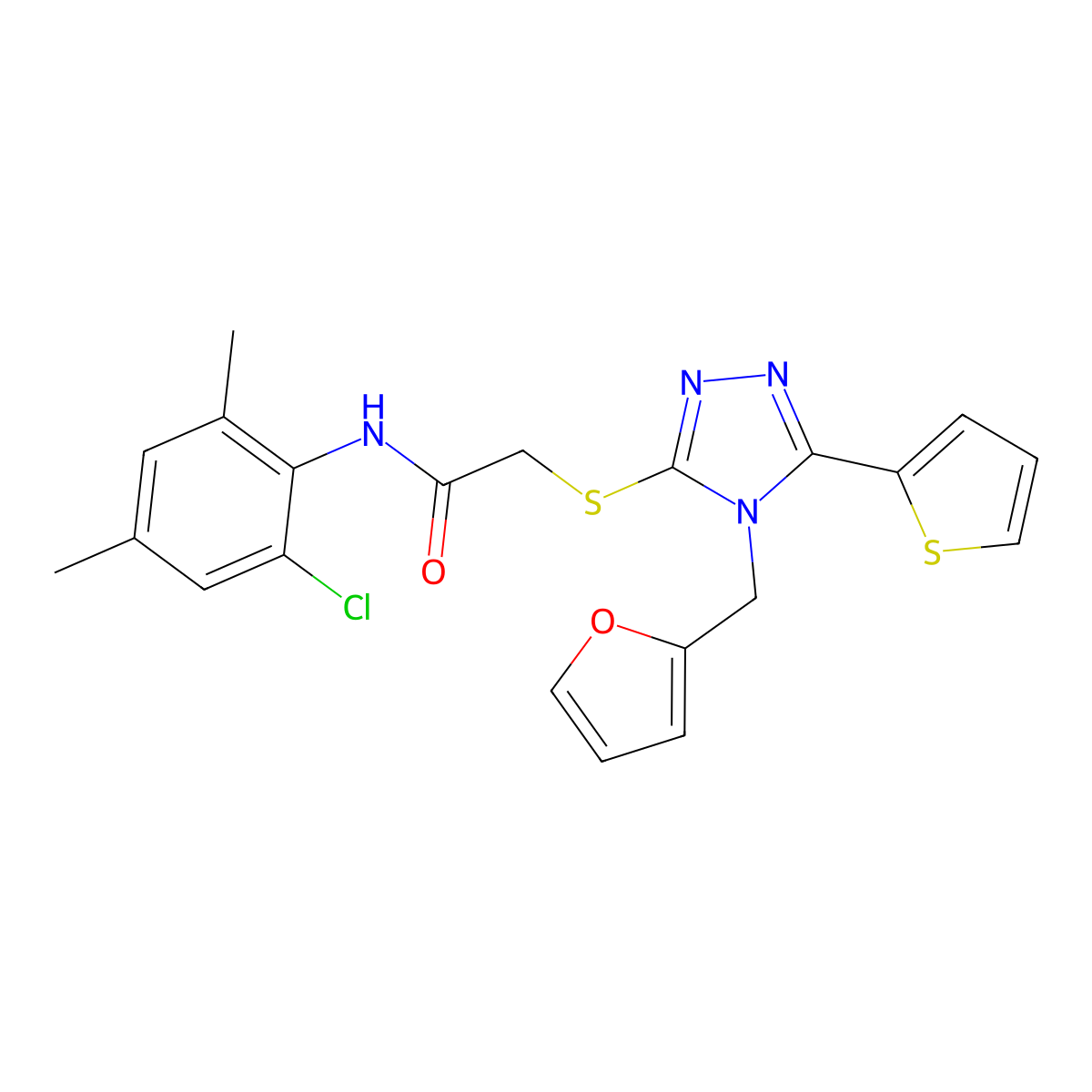 N-(2-chloro-4,6-dimethylphenyl)-2-{[4-(furan-2-ylmethyl)-5-(thiophen-2-yl)-4H-1,2,4-triazol-3-yl]sulfanyl}acetamide molecular structure, CAS 585562-73-8