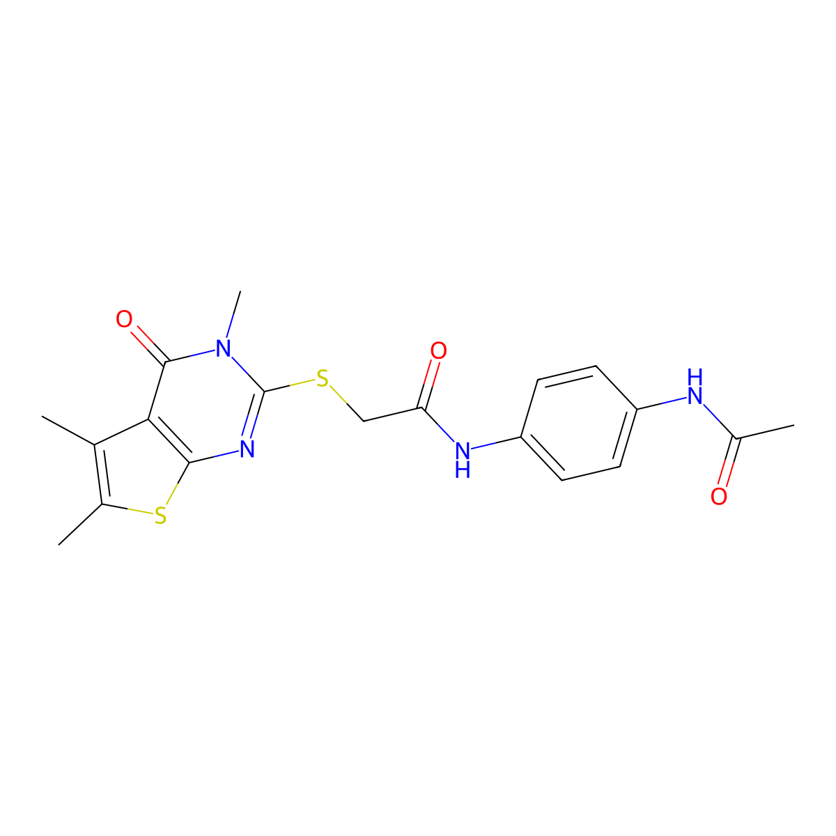 N-(4-acetamidophenyl)-2-(3,5,6-trimethyl-4-oxothieno[2,3-d]pyrimidin-2-yl)sulfanylacetamide molecular structure, CAS 585563-22-0