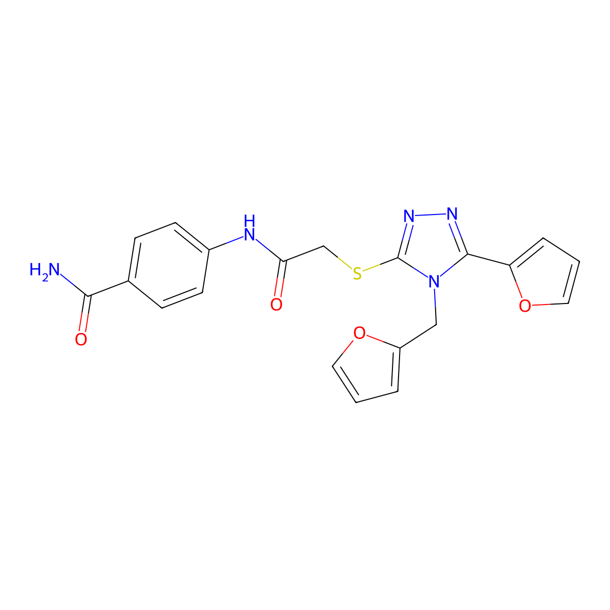 4-[({[5-(furan-2-yl)-4-(furan-2-ylmethyl)-4H-1,2,4-triazol-3-yl]sulfanyl}acetyl)amino]benzamide molecular structure, CAS 585563-23-1