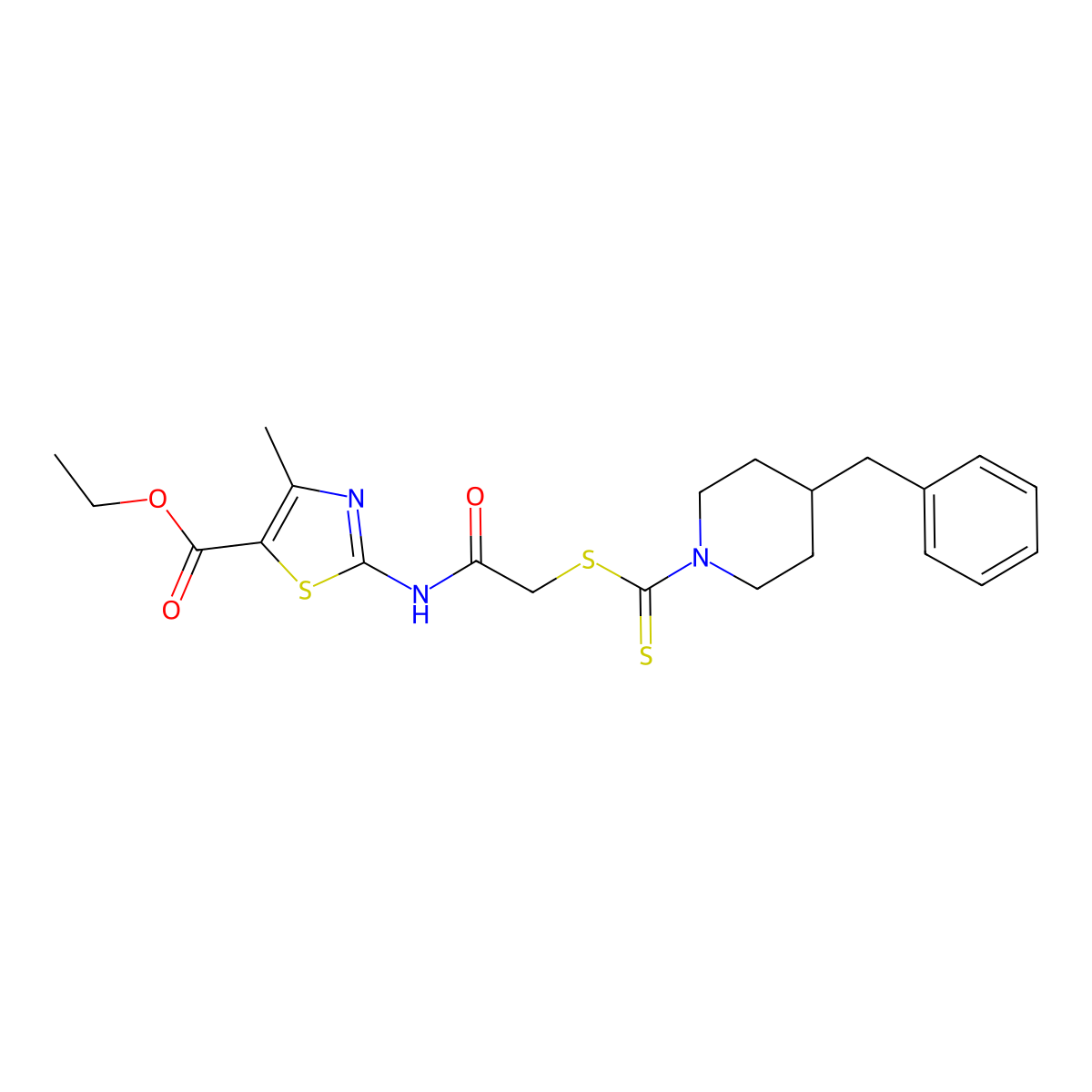 Ethyl 2-[(2-{[(4-benzylpiperidino)carbothioyl]sulfanyl}acetyl)amino]-4-methyl-1,3-thiazole-5-carboxylate molecular structure, CAS 585563-32-2