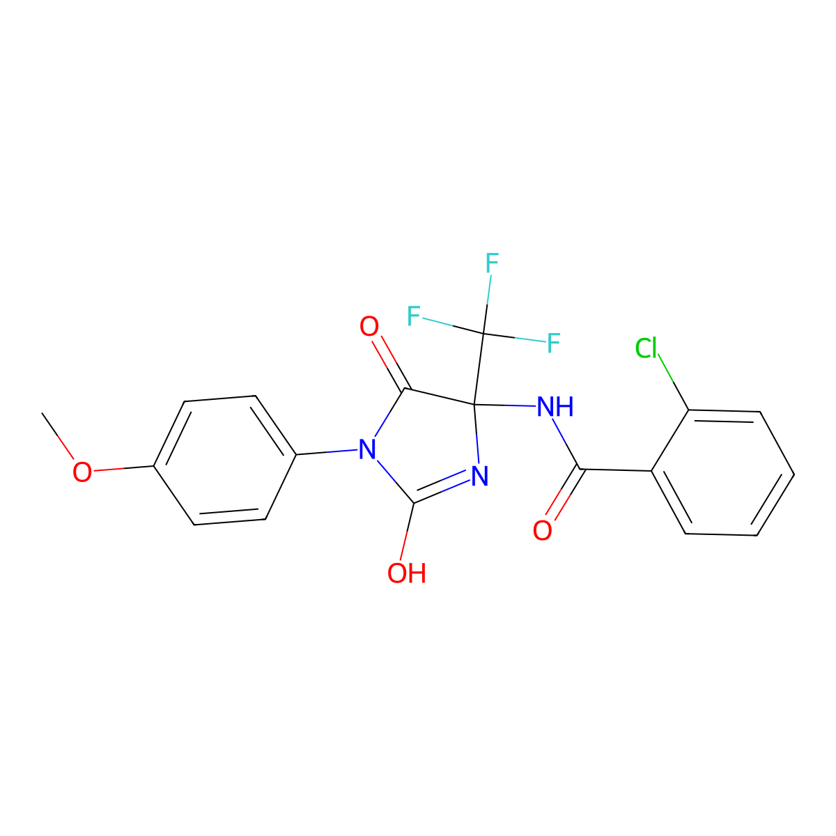2-chloro-N-[1-(4-methoxyphenyl)-2,5-dioxo-4-(trifluoromethyl)imidazolidin-4-yl]benzamide molecular structure, CAS 585563-52-6