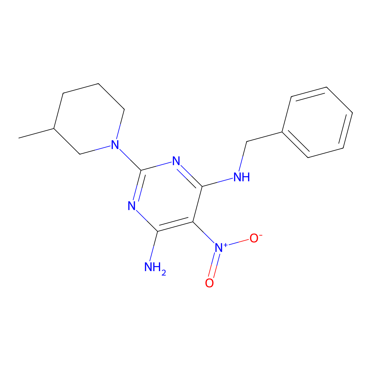 N4-benzyl-2-(3-methylpiperidin-1-yl)-5-nitropyrimidine-4,6-diamine molecular structure, CAS 585563-56-0