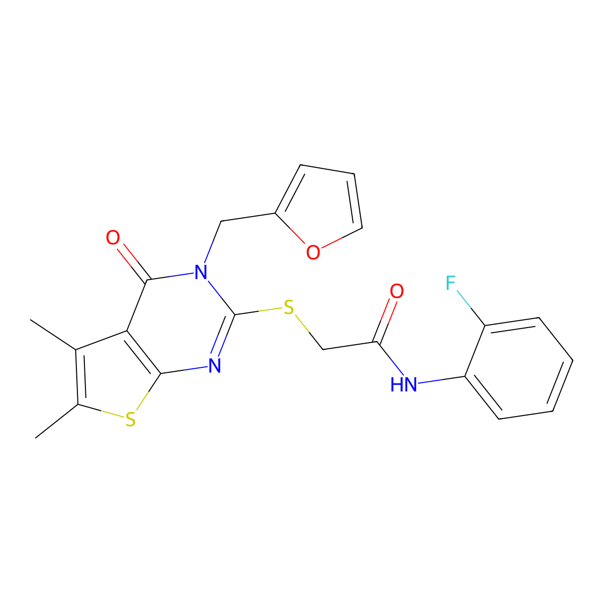N-(2-fluorophenyl)-2-{[3-(furan-2-ylmethyl)-5,6-dimethyl-4-oxo-3,4-dihydrothieno[2,3-d]pyrimidin-2-yl]sulfanyl}acetamide molecular structure, CAS 585563-61-7