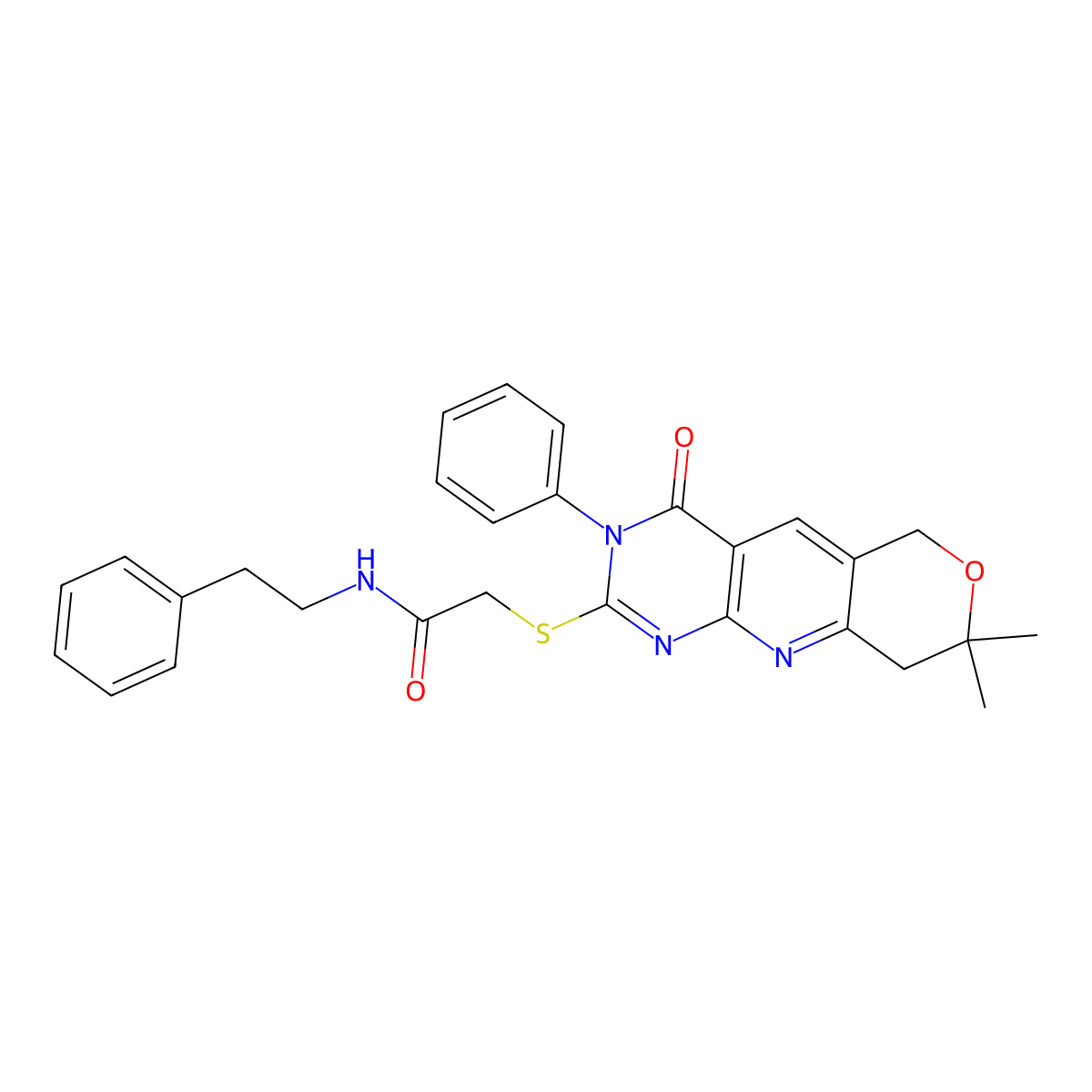 2-[(8,8-dimethyl-4-oxo-3-phenyl-3,6,8,9-tetrahydro-4H-pyrano[3',4':5,6]pyrido[2,3-d]pyrimidin-2-yl)thio]-N-(2-phenylethyl)acetamide molecular structure, CAS 585563-68-4