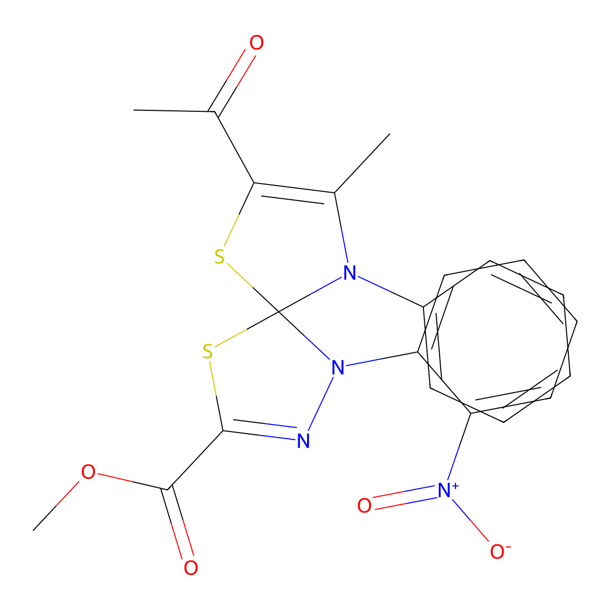 Methyl 7-acetyl-8-methyl-1-(2-nitrophenyl)-9-phenyl-4,6-dithia-1,2,9-triazaspiro[4.4]nona-2,7-diene-3-carboxylate molecular structure, CAS 585564-14-3