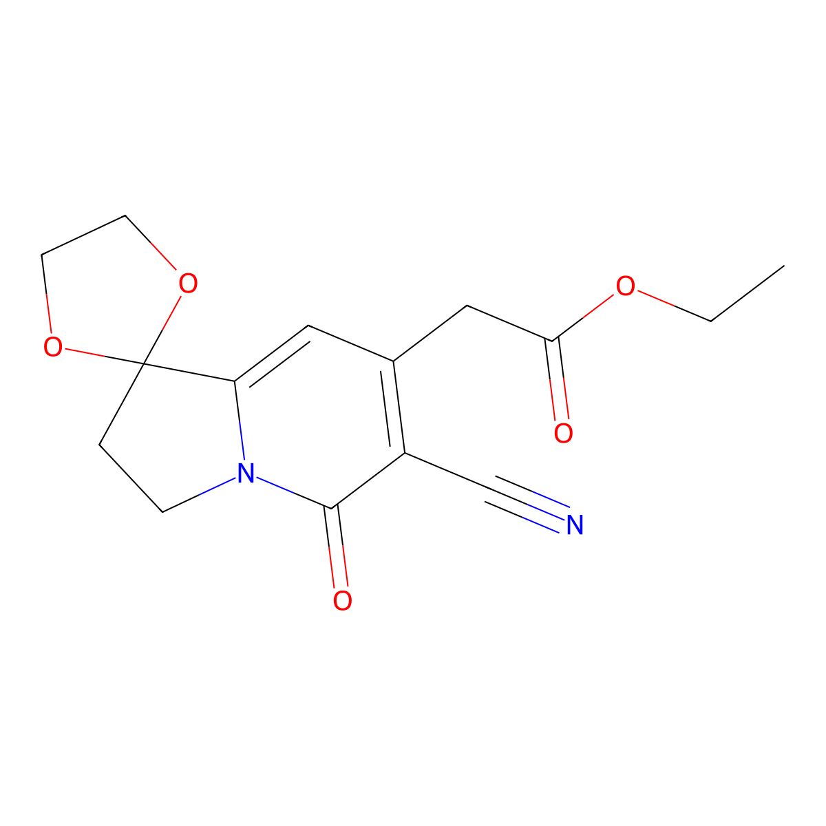Ethyl 6'-cyano-2',3'-dihydro-5'-oxospiro[1,3-dioxolane-2,1'(5'H)-indolizine]-7'-acetate molecular structure, CAS 58610-65-4