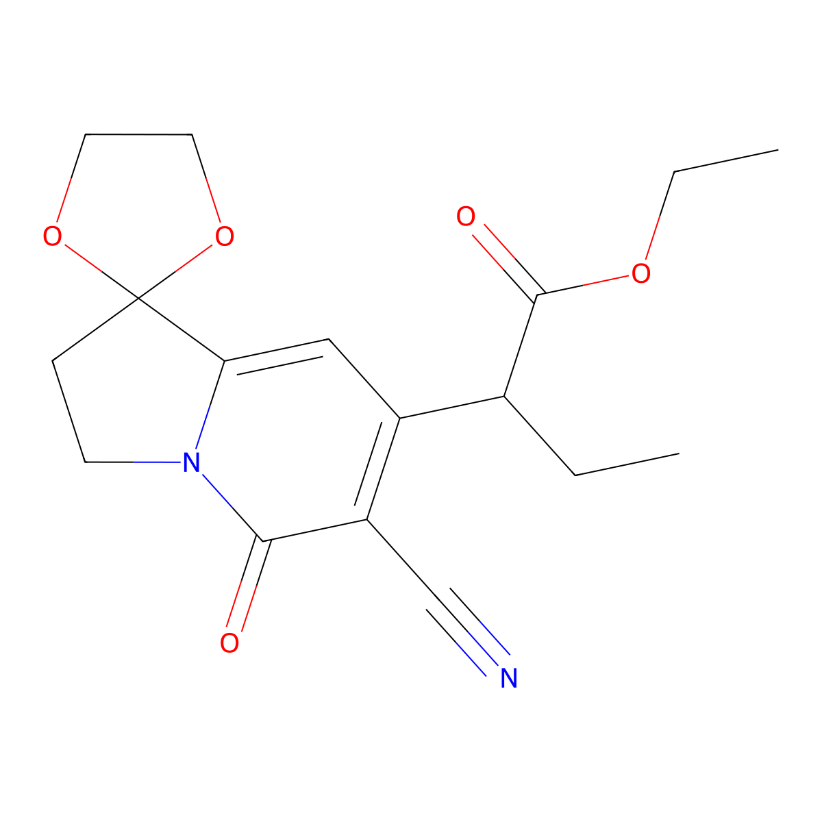 Ethyl 2-(6-cyano-5-oxo-2,3-dihydro-5H-spiro[indolizine-1,2'-[1,3]dioxolan]-7-yl)butanoate molecular structure, CAS 58610-66-5