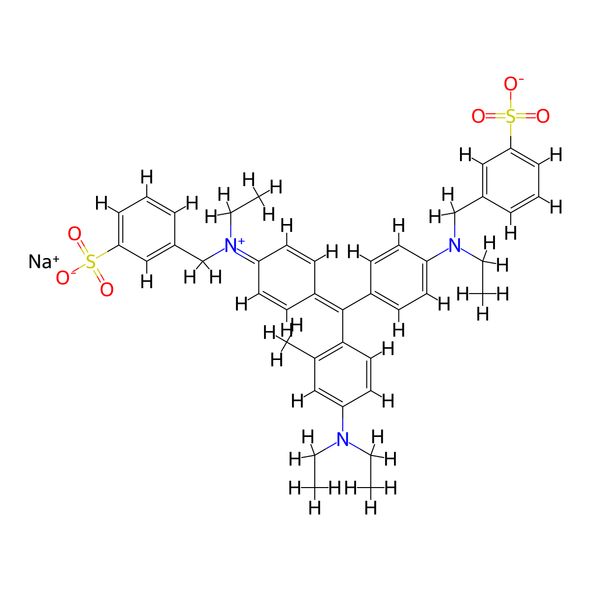 hydrogen (4-((4-(diethylamino)-o-tolyl)(4-(ethyl(3-sulphonatobenzyl)amino)phenyl)methylene)cyclohexa-2,5-dien-1-ylidene)(ethyl)(3-sulphonatobenzyl)ammonium, sodium salt molecular structure, CAS 5863-46-7
