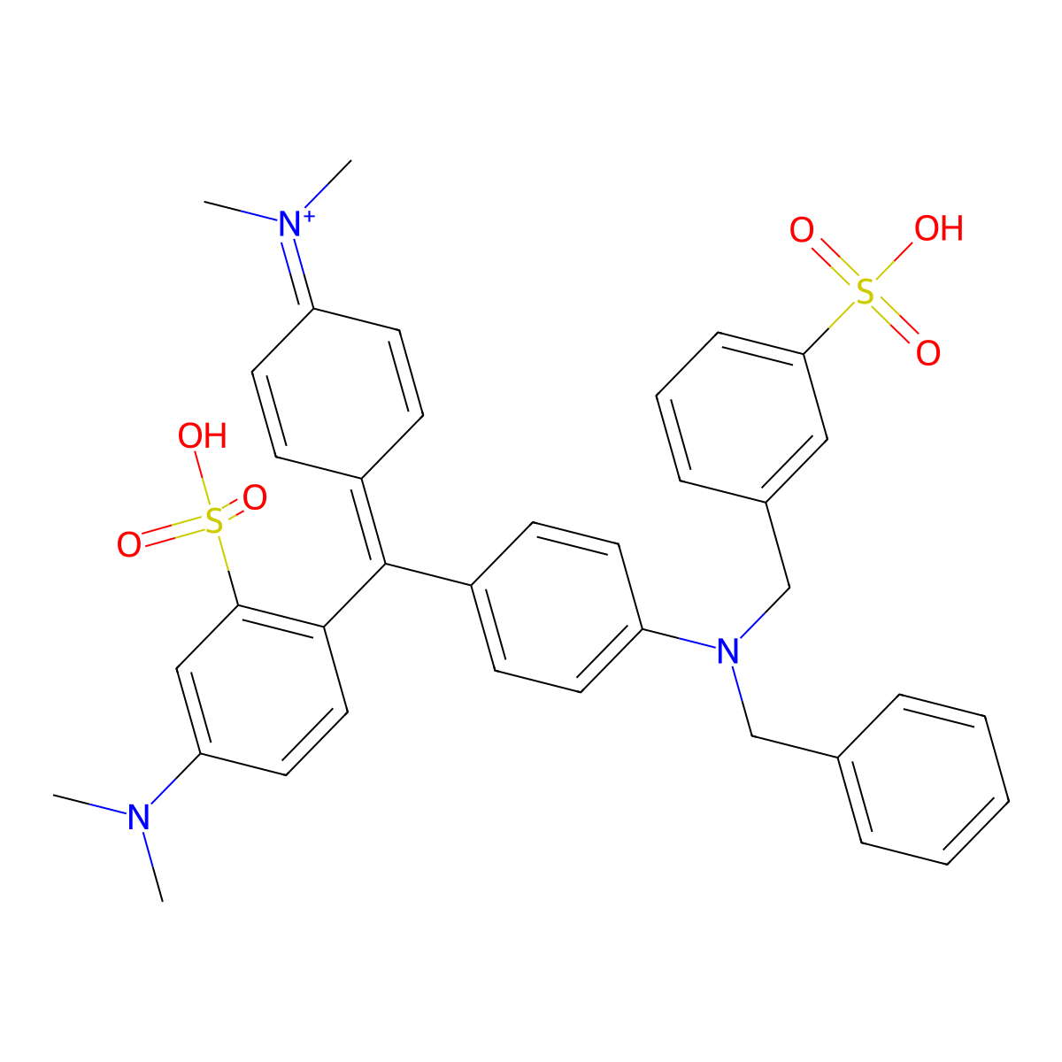 Methanaminium, N-(4-((4-(dimethylamino)-2-sulfophenyl)(4-((phenylmethyl)((3-sulfophenyl)methyl)amino)phenyl)methylene)-2,5-cyclohexadien-1-ylidene)-N-methyl-, inner salt, sodium salt (1:1) molecular structure, CAS 5863-54-7
