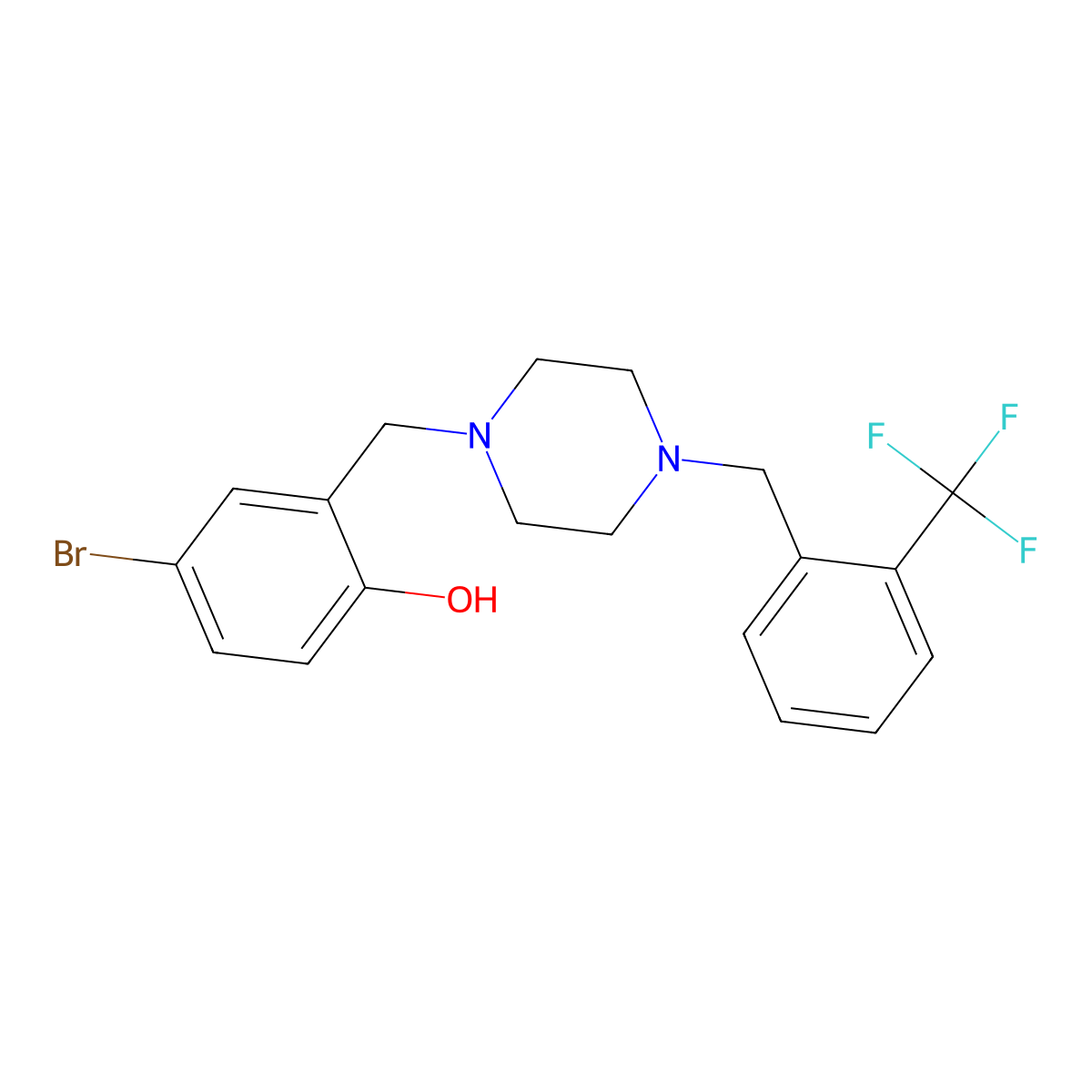 4-Bromo-2-[[4-[[2-(trifluoromethyl)phenyl]methyl]piperazin-1-yl]methyl]phenol molecular structure, CAS 586331-80-8
