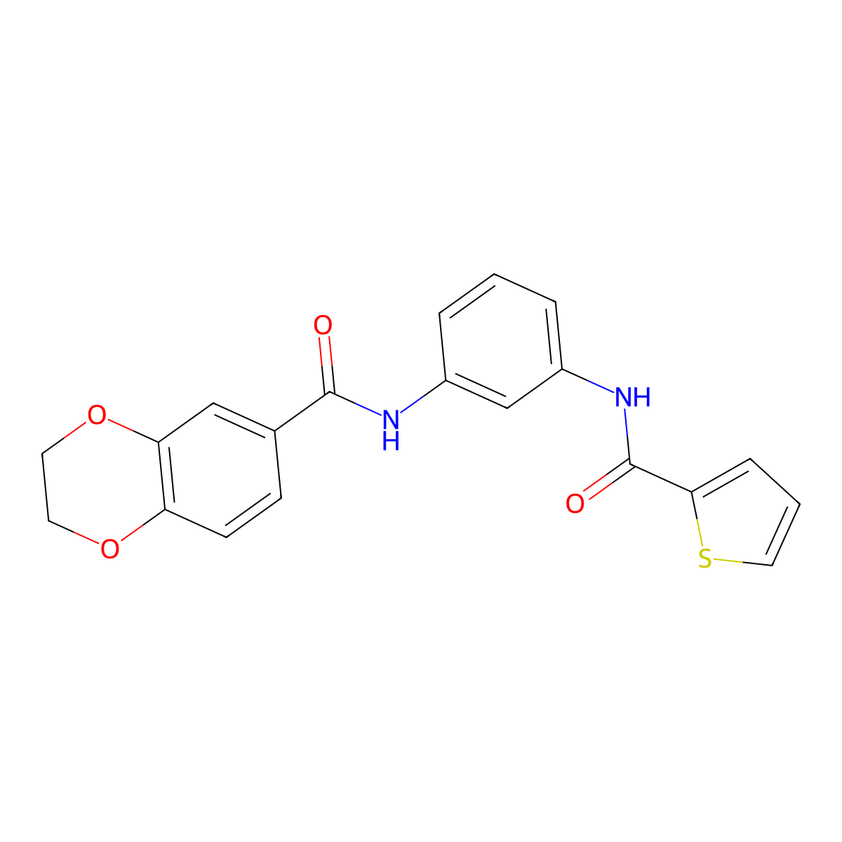 N-{3-[(thiophen-2-ylcarbonyl)amino]phenyl}-2,3-dihydro-1,4-benzodioxine-6-carboxamide molecular structure, CAS 586338-22-9