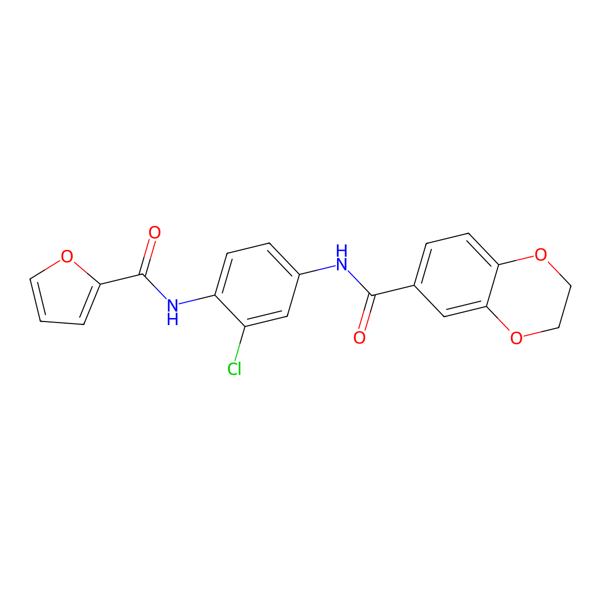 N-[3-chloro-4-[[2-furanyl(oxo)methyl]amino]phenyl]-2,3-dihydro-1,4-benzodioxin-6-carboxamide molecular structure, CAS 586340-55-8