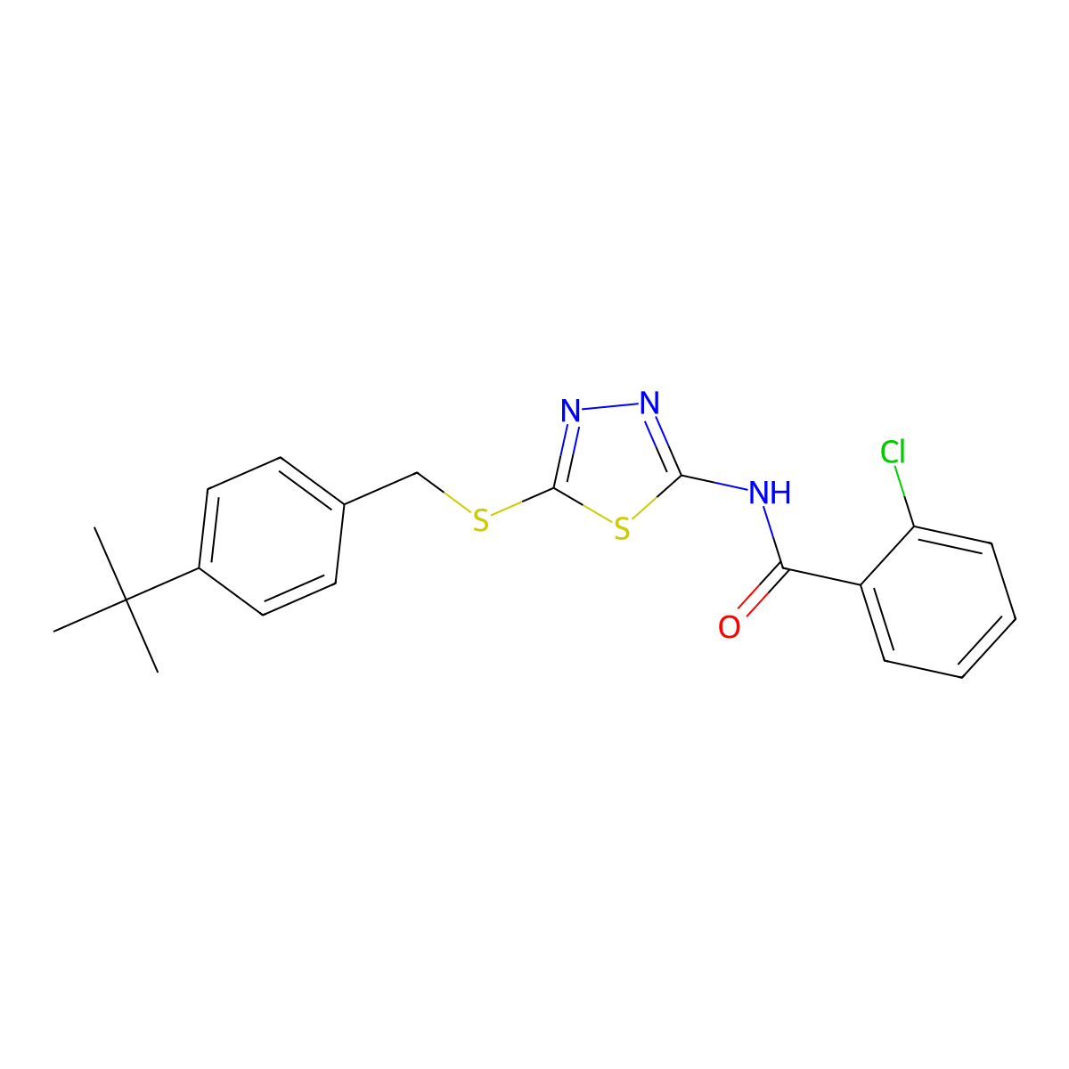 N-[5-[(4-tert-butylphenyl)methylsulfanyl]-1,3,4-thiadiazol-2-yl]-2-chlorobenzamide molecular structure, CAS 586391-33-5