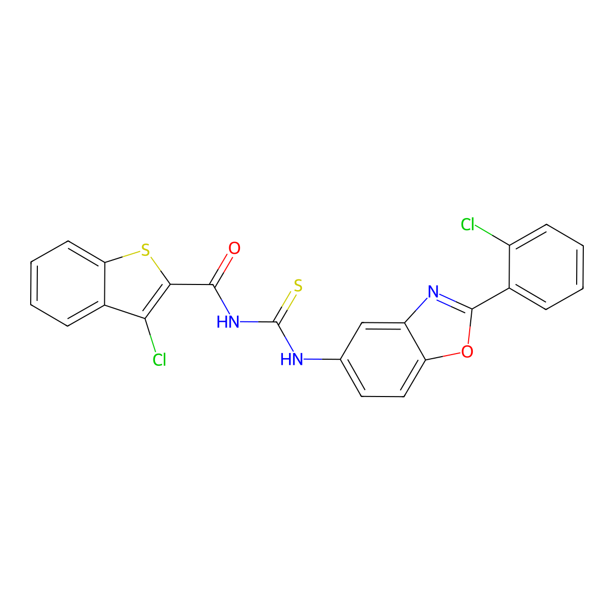 3-chloro-N-{[2-(2-chlorophenyl)-1,3-benzoxazol-5-yl]carbamothioyl}-1-benzothiophene-2-carboxamide molecular structure, CAS 586391-96-0