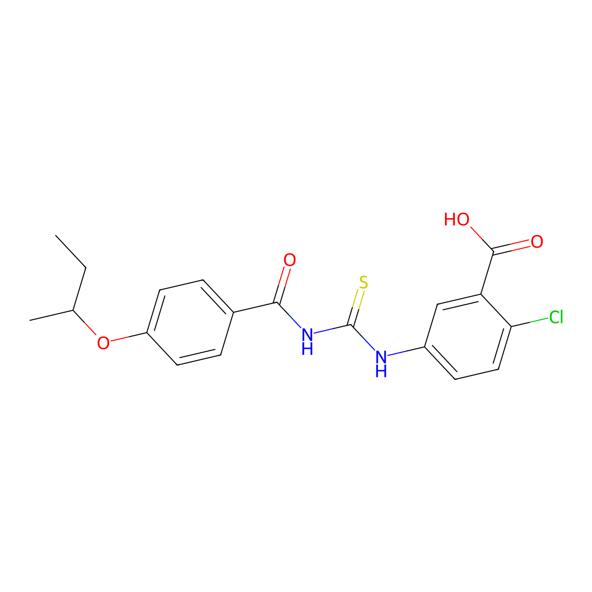 2-Chloro-5-[[[[4-(1-methylpropoxy)benzoyl]amino]thioxomethyl]amino]-benzoic acid molecular structure, CAS 586392-40-7