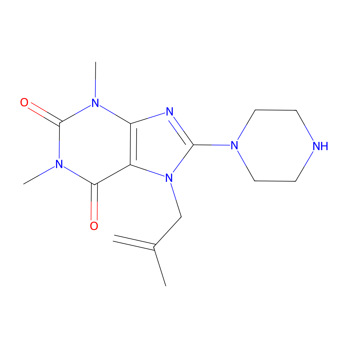 1,3-dimethyl-7-(2-methylallyl)-8-(piperazin-1-yl)-1H-purine-2,6(3H,7H)-dione molecular structure, CAS 586403-02-3