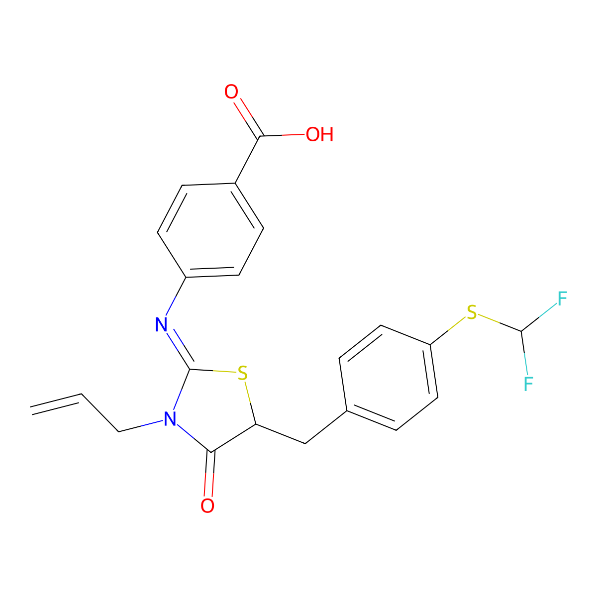 4-{[(2E)-5-{4-[(difluoromethyl)sulfanyl]benzyl}-4-oxo-3-(prop-2-en-1-yl)-1,3-thiazolidin-2-ylidene]amino}benzoic acid molecular structure, CAS 5865-80-5